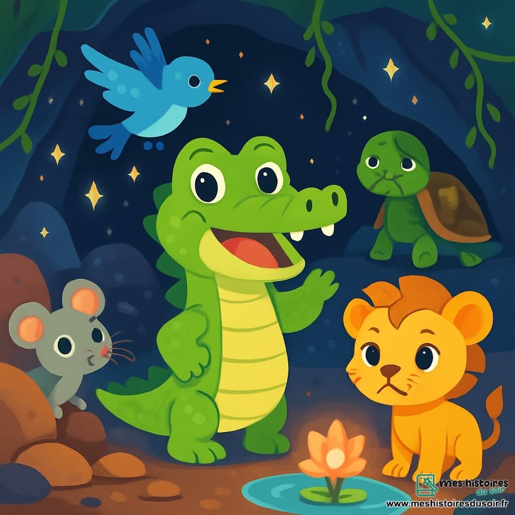 Un jeune crocodile aux écailles vertes brillantes, souriant et aux yeux pétillants, lève la patte pour saluer ses amis. À ses côtés, une petite souris grise curieuse se faufile entre les pierres. Un lionceau doré, au look courageux, se tient un peu en retrait, prêt à avancer. Plume, un oiseau bleu vif, vole au-dessus d'eux. La scène se déroule dans une grotte magique aux pierres lumineuses et aux murs recouverts de lianes vertes. Au fond, une tortue aux yeux tristes attend avec espoir. Le crocodile et ses amis se sont réunis pour aider la tortue à retrouver sa fleur magique, qui brille dans une flaque d'eau claire, remplissant l'atmosphère de courage et d'amitié.