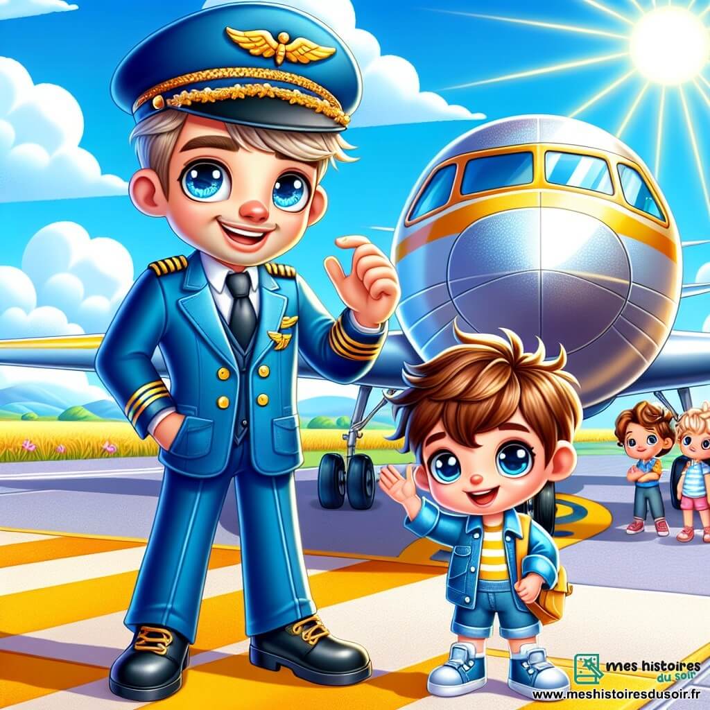 Maxime, un homme grand et souriant, porte un uniforme de pilote bleu avec une casquette ornée de petites ailes dorées. Ses yeux brillent d'excitation alors qu'il se tient à côté de son avion, un grand oiseau de métal brillant, prêt à décoller. À ses côtés, Lucas, un garçon d'environ 8 ans avec des cheveux châtains en bataille et des yeux curieux, regarde l'avion avec émerveillement, les bras levés. L'aéroport est ensoleillé, avec une piste d'atterrissage entourée de champs dorés et de nuages blancs dans un ciel bleu éclatant. L'avion est garé sur le tarmac, avec des enfants impatients en arrière-plan. Maxime et Lucas se préparent pour le vol vers l'île de Papillon-sur-Mer, Lucas exprimant son rêve de devenir pilote tandis que Maxime lui explique la magie de voler.