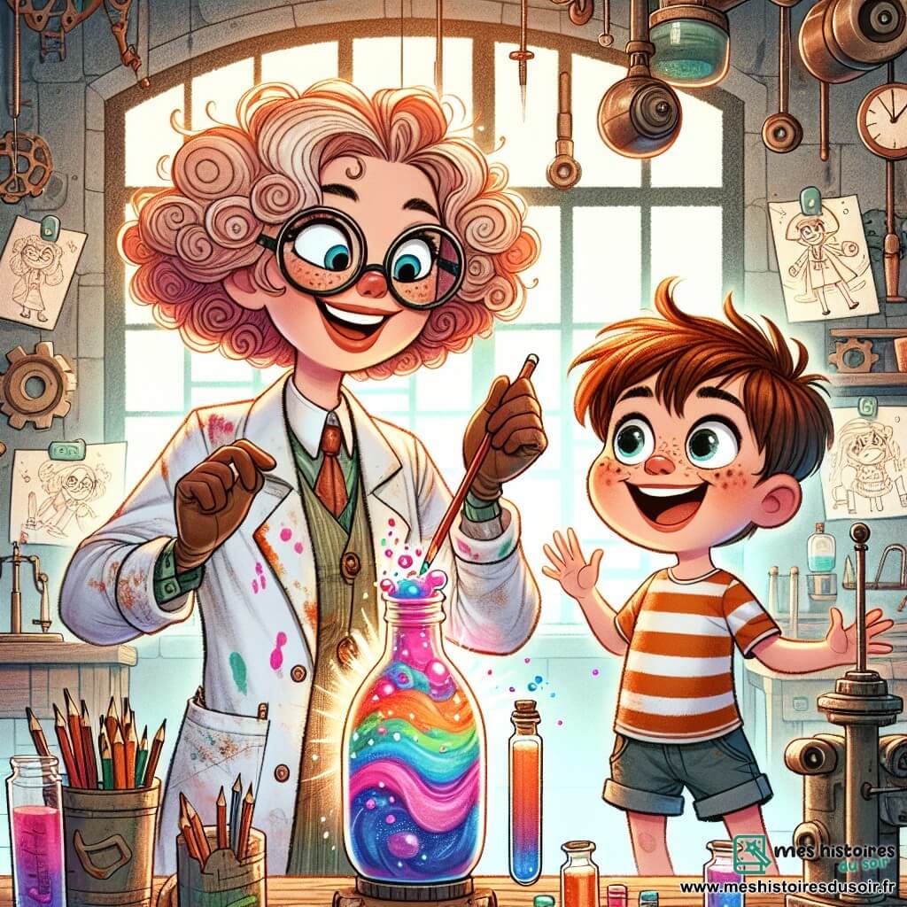 Éloïse, une femme joyeuse aux cheveux bouclés et lunettes rondes, est au centre de l'image, souriante et pleine d'énergie, secouant une bouteille magique colorée. Elle porte une blouse de laboratoire tachée de peinture avec des crayons dans sa poche. À ses côtés, Léo, un garçon d'environ huit ans aux yeux pétillants, observe avec émerveillement le mélange de fruits dans la bouteille. Il est debout sur la pointe des pieds, prêt à goûter le smoothie. L'atelier d'Éloïse est rempli de machines étranges, de croquis colorés, de rouages brillants et d'outils éparpillés. Une lumière douce filtre à travers une fenêtre, illuminant l'espace. La scène dépeint Éloïse et Léo testant leur invention dans une ambiance joyeuse et créative, pleine de rires et de couleurs vives.