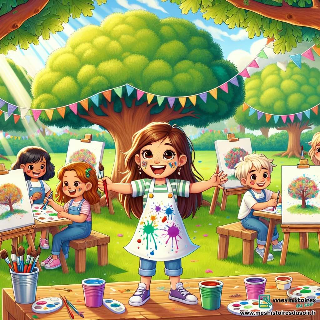 Clara, une jeune fille de onze ans, est au centre de l'image, avec de longs cheveux bruns et des yeux pétillants de joie. Elle porte une blouse blanche tachée de peinture colorée et tient un pinceau, souriant en montrant sa toile aux enfants. À ses côtés, Camille, une petite fille blonde de huit ans, est assise par terre, concentrée sur son tableau, avec des taches de peinture sur le visage et les mains. Maxime, un garçon de dix ans, se tient debout derrière Clara, admirant son œuvre avec un sourire. Le décor se déroule dans un parc ensoleillé, avec un grand chêne, des guirlandes colorées et des toiles blanches sur des tables en bois. Des enfants rient et s'amusent, créant une ambiance joyeuse. Clara anime un atelier d'art, entourée d'enfants qui peignent avec passion, chacun exprimant sa créativité sur des toiles blanches, symbolisant la magie de l'art et de l'amitié.