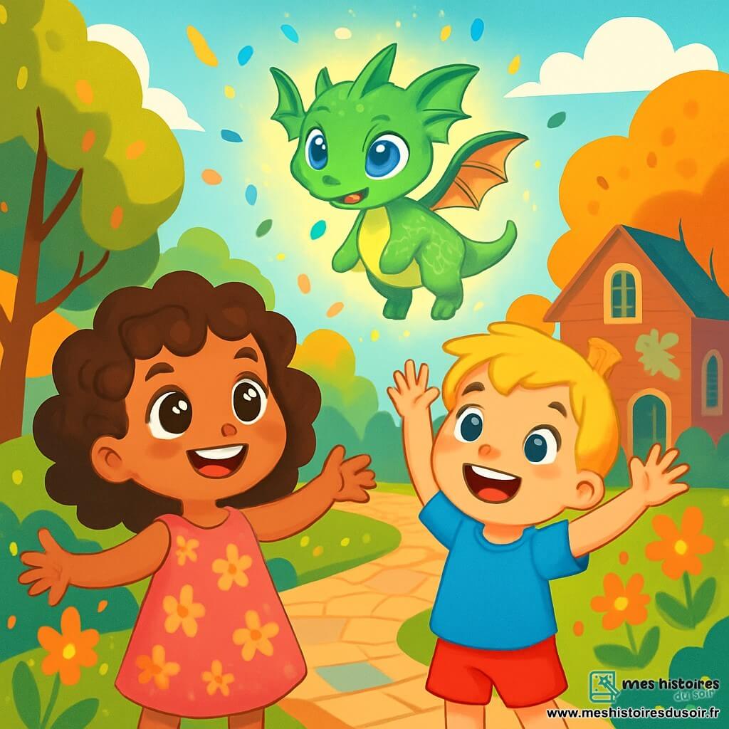 Il y a trois personnages : Amélie, une fille de 6 ans aux cheveux bouclés et aux yeux brillants, portant une robe rose à fleurs, souriante à gauche ; Max, un garçon de 6 ans avec des cheveux blonds et un t-shirt bleu, se tenant au centre, les bras levés ; et Flamme, un petit dragon vert flottant au-dessus d'eux, illuminant la scène. L'action se déroule dans un parc urbain magique, avec des arbres colorés et un vieux bâtiment en briques au loin. Amélie et Max, émerveillés, regardent Flamme, célébrant leur victoire après avoir trouvé des cristaux magiques, entourés de confettis.