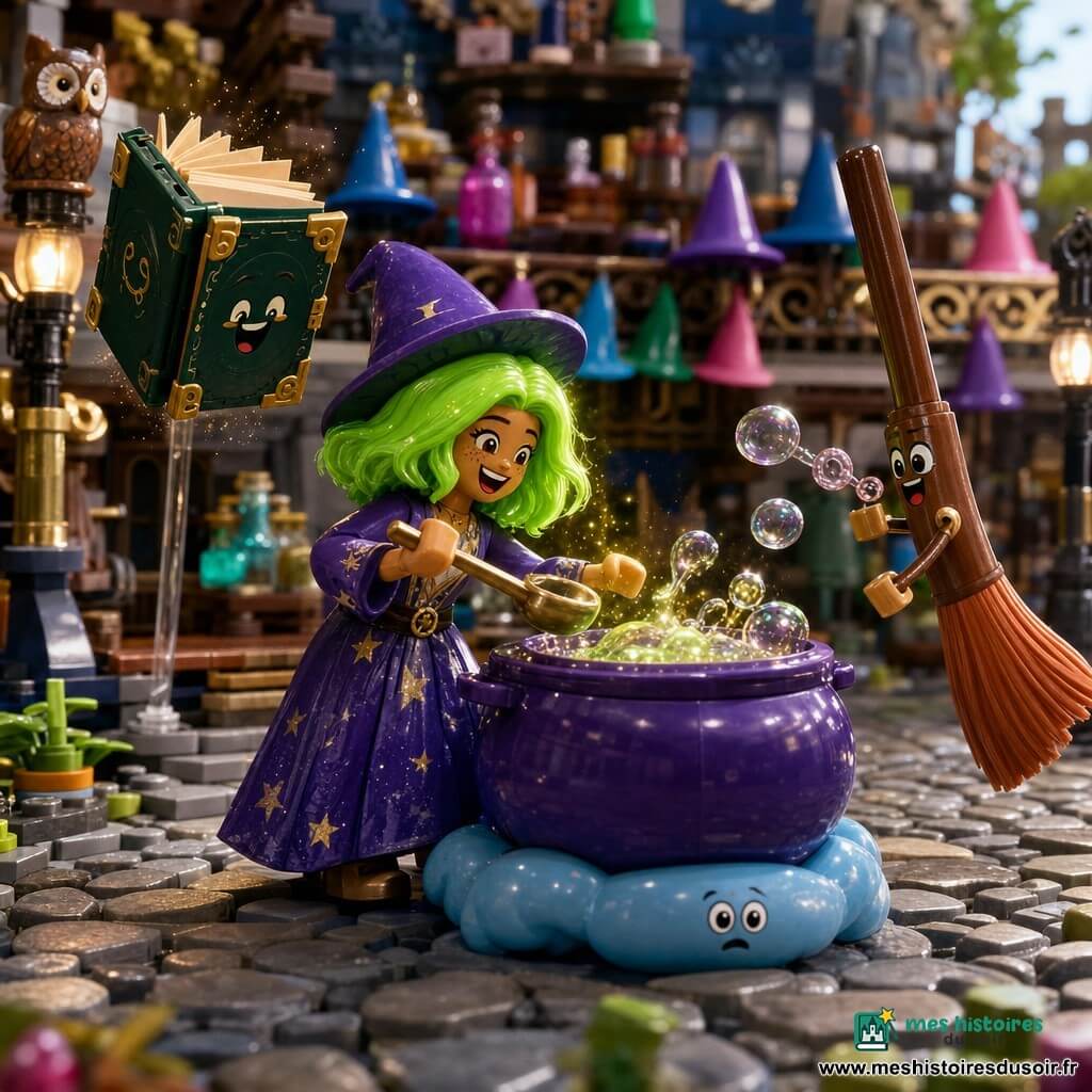 Une apprentie sorcière d’environ six ans, joyeuse et malicieuse, cheveux châtain clair en carré, porte une robe violette à étoiles et un petit chapeau pointu; elle rit en se penchant avec une louche sur un chaudron LEGO mauve et mousseux qui saute sur un coussinet nuage bleu en envoyant éclats de potion dorée et petites étoiles pendant que ses cheveux deviennent verts fluo; à droite flotte le balai Zigoto en bois brun aux poils orange, faisant des bulles et affichant un visage espiègle style LEGO, et à gauche un grimoire vivant vert sombre aux coins dorés fait voltiger ses pages; le tout se déroule sur le quai des balais avec pavé en briques, chapeaux accrochés, étagères de livres et potions, dans un style diorama net, coloré et chaleureux, centré sur la sorcière, le chaudron et le balai, adapté aux enfants.