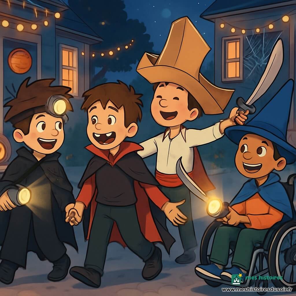 Quatre enfants se tiennent dans une rue décorée pour Halloween. Max, 10 ans, porte un costume de sorcier noir et tient une lampe frontale. Léo, 9 ans, est déguisé en pirate et fait une révérence. Jules, 10 ans, est habillé en vampire maladroit et rit en montrant ses fausses dents. Samir, 11 ans, en fauteuil roulant, porte une cape de magicien bleue et éclaire la scène. La rue est ornée de toiles d'araignées, lanternes et citrouilles sculptées, tandis qu'une brume légère ajoute du mystère. Les enfants marchent ensemble, riant et échangeant des blagues, un chat noir les observant, ajoutant une touche de magie à leur aventure.