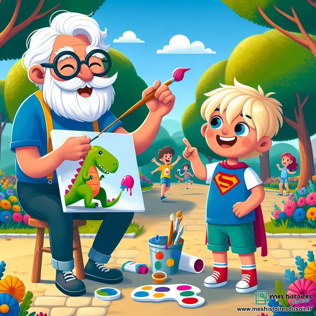 Un homme âgé, Monsieur Léon, avec une grande barbe blanche et des lunettes rondes, est assis sur un tabouret dans un parc ensoleillé, peignant un dinosaure coloré sur une toile. À ses côtés, un garçon de 8 ans, Tom, aux cheveux blonds en bataille et portant un t-shirt de super-héros, observe avec émerveillement, tenant un pinceau. Le parc est rempli de fleurs éclatantes et d'arbres majestueux, avec des enfants jouant en arrière-plan. La scène montre Monsieur Léon et Tom créant ensemble, le dinosaure joyeux avec une glace à la fraise sur la toile, symbolisant l'imagination et la magie de l'art.