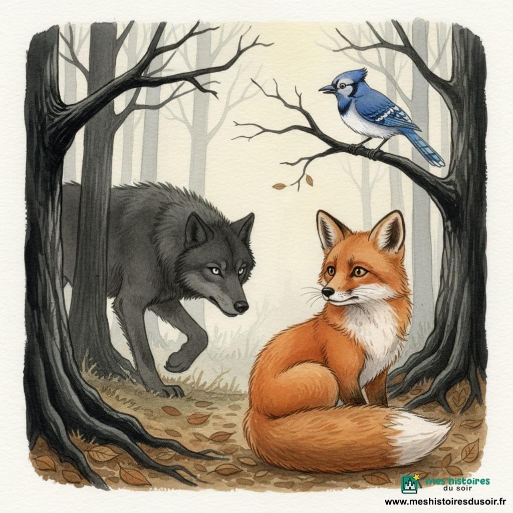 Un jeune renard roux aux yeux noisette et à la queue touffue, frémissant et regardant par-dessus son épaule, hésite à la lisière d'une forêt aux troncs noirs et racines apparentes ; un grand loup sombre au pelage gris charbon et aux yeux argentés avance en posture basse entre les troncs, tandis qu'un geai bleu inquiet est perché au-dessus, la scène baignée d'une brume d'aube pâle et de tons aquarelle, lourde de tension silencieuse.
