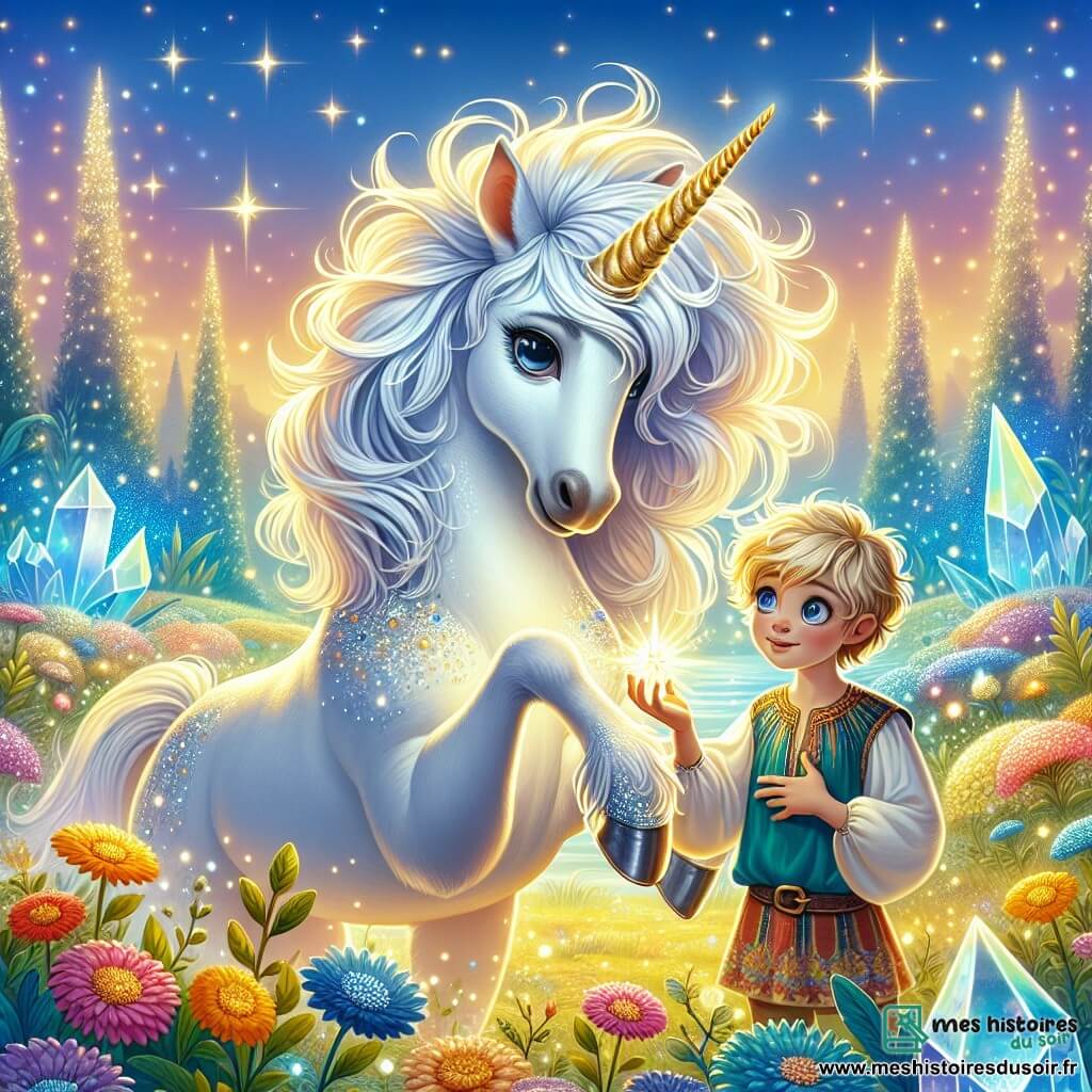 Au centre de l'image, une licorne nommée Étoile se tient fièrement avec une crinière d'argent et un corps blanc éclatant. Ses yeux expriment détermination et espoir alors qu'elle touche la Fleur des Étoiles avec sa corne, entourée d'une aura magique. À ses côtés, Léo, un garçon de dix ans aux cheveux blonds en désordre, l'observe avec émerveillement, souriant et prêt à célébrer. En arrière-plan, un jardin coloré et lumineux s'étend, avec des arbres en cristal et un ciel bleu parsemé de nuages, créant une atmosphère féerique. La scène illustre le moment où Étoile utilise la Fleur des Étoiles pour briser son sort, illuminant le jardin et remplissant l'air de joie.