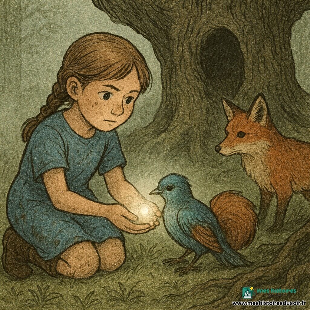 Fille de 10 ans au visage rond et tâches de rousseur, cheveux châtain clair en tresse, expression à la fois déterminée et tendre, agenouillée et tenant dans la paume une petite perle lumineuse; elle porte une robe simple bleue tachée d’herbe et des bottes boueuses, regard concentré et mains délicates. Une petite créature mi-oiseau mi-écureuil au plumage irisé bleu-vert et à la queue touffue rousse, blessée à une aile, est couchée au pied d’un vieux chêne creux et regarde la perle avec reconnaissance. Un renard au pelage roux vif et à la queue panachée observe à quelques pas, dans l’ombre des racines, avec une posture attentive et une légère curiosité. Clairière matinale avec brume basse, herbe mouillée, feuilles argentées et racines noueuses très texturées; la fille applique doucement la perle argentée (la Goutte de Lune) sur l’aile blessée, une lumière douce argentée irradie autour, atmosphère magique mais calme. Palette de verts mousse, bleus pâles, bruns chauds et reflets argentés; textures de papier, traits d’encre visibles et ombres douces; composition centrée en plan moyen, expressions claires et lisibles pour les enfants.