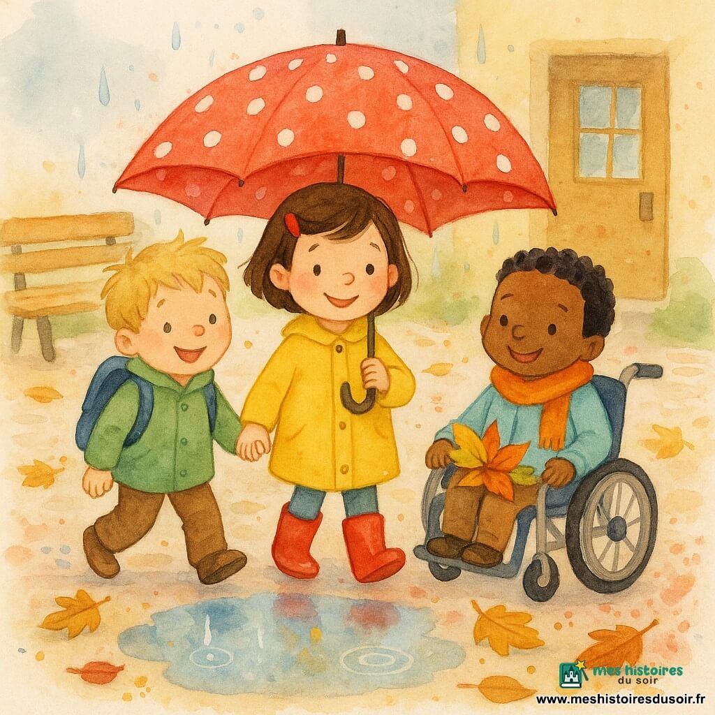 Trois enfants d’environ cinq ans traversent ensemble une grande flaque dans la cour d’école pavée sous un grand parapluie rouge à pois : une fille brune aux cheveux courts avec une barrette rouge, manteau jaune et bottes rouges tient le parapluie au centre et marche devant; à sa gauche un garçon blond en bataille, manteau vert et sac à dos bleu lui tient la main en souriant vers la flaque; à sa droite un garçon en fauteuil roulant aux cheveux noirs, manteau bleu clair et écharpe orange brillante roule doucement et tient des feuilles colorées sur ses genoux; autour, feuilles d’automne jaunes, oranges et brunes, un banc en bois et une porte de classe en arrière-plan, ciel gris pâle et gouttes de pluie formant de petits cercles et reflets argentés dans l’eau, avec de petites éclaboussures d’aquarelle autour des pieds et des feuilles.