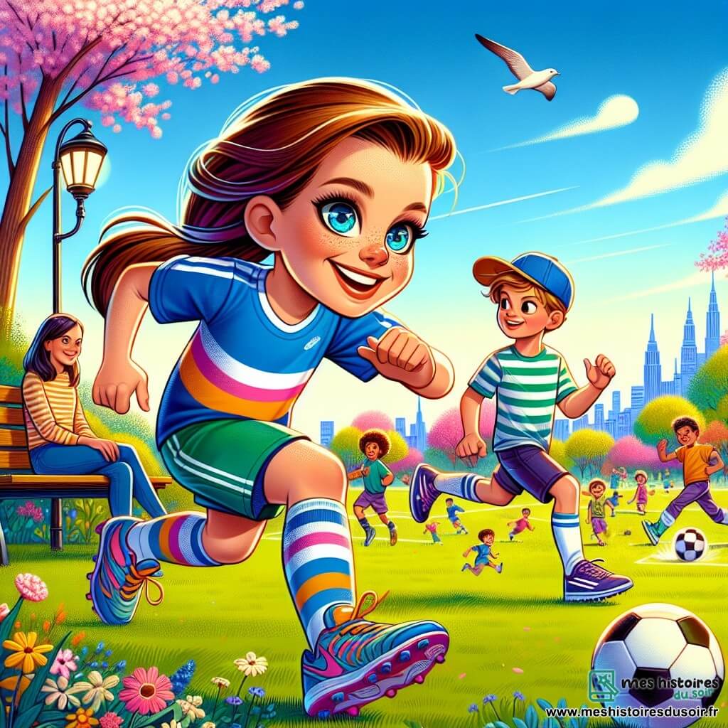 Au centre de l'image, Camille, une femme d'une trentaine d'années, sourit et dribble un ballon de football, vêtue d'un maillot coloré, d'un short et de baskets, avec une queue de cheval. À sa droite, Lucas, un garçon de 10 ans avec une casquette à l'envers, court vers le ballon. À sa gauche, Léa, une fille de 9 ans avec des lunettes, observe attentivement. Le décor est un parc verdoyant avec des arbres en fleurs et un ciel bleu, où des enfants jouent et des familles se rassemblent. La scène montre Camille et les enfants en entraînement de football, partageant leur passion pour le sport dans une ambiance joyeuse.