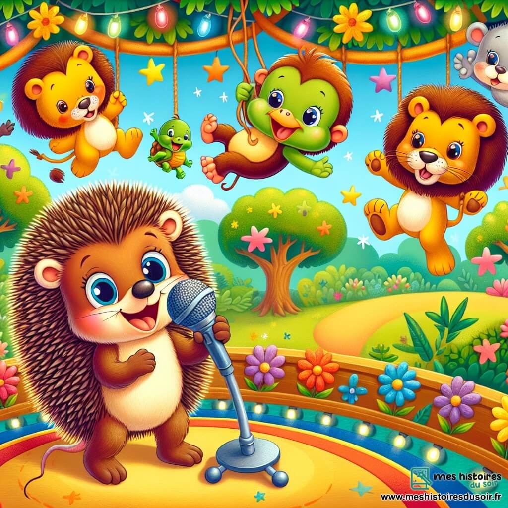Henri, un petit hérisson au pelage brun, sourit sur scène avec un micro en brindilles, ses yeux pétillants. À ses côtés, Léon le lion danse joyeusement, tandis que Max le singe, espiègle, fait des grimaces sur une branche. Tania la tortue chante lentement à côté d'Henri. Le décor est un zoo coloré avec des arbres, des fleurs et des animaux curieux. L'atmosphère est festive, avec des ballons et des guirlandes, alors qu'Henri et ses amis se produisent dans un concours de talents, divertissant un public animal enthousiaste.