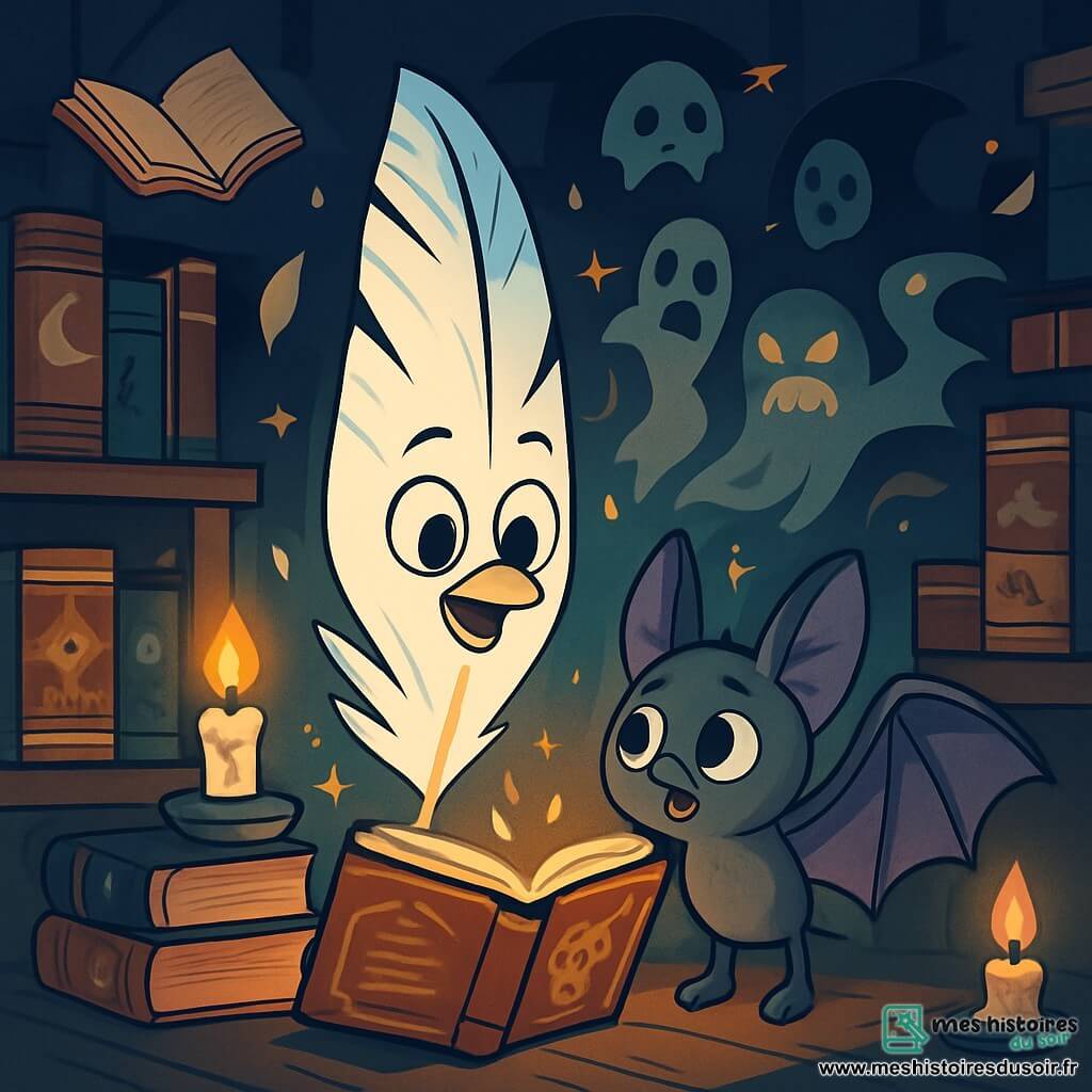 Plumella, une plume d'oie délicate, se tient au centre d'une bibliothèque poussiéreuse, entourée de livres anciens aux couvertures en cuir craquelé. Nocturne, une créature aux ailes de chauve-souris, l'observe avec inquiétude et espoir. La bibliothèque est éclairée par des chandelles, projetant des ombres dansantes. Des livres ouverts flottent autour d'eux, laissant s'envoler des pages. Plumella lit à haute voix une histoire ancienne, faisant émerger des créatures des contes, créant une atmosphère magique et troublante.