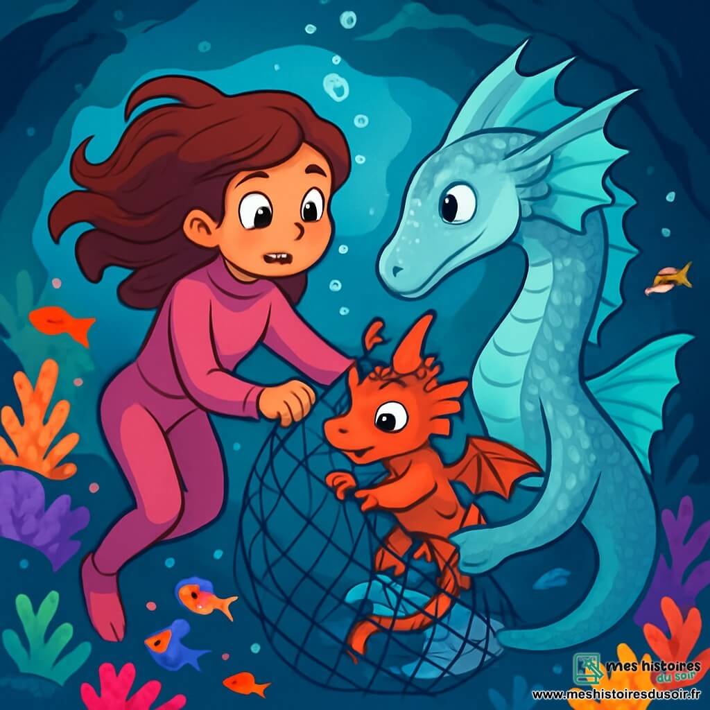 Zoé, une fille de 10 ans avec de longs cheveux bruns flottant dans l'eau, porte une combinaison de plongée rose. Son visage exprime curiosité et émerveillement, ses grands yeux brillants scrutent l'horizon sous-marin. À ses côtés, Luminelle, une créature marine majestueuse, mi-poisson, mi-dragon, nage gracieusement avec ses écailles argentées scintillantes. Le décor est une grotte sous-marine illuminée par des coraux phosphorescents, entourée de poissons multicolores. Zoé et Luminelle collaborent pour libérer un petit dragonnet pris dans un filet de pêche, tandis que des bulles d'air s'échappent, créant une atmosphère d'urgence et d'amitié.
