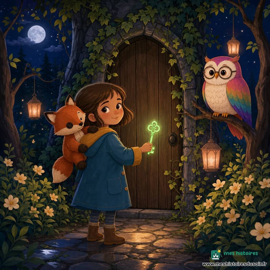 Lila, une fillette de huit ans aux cheveux châtain clair et sourire timide mais déterminé, tient une clé verte devant une porte en bois couverte de lianes; son renard en peluche Rafi repose sur son épaule et la chouette arc‑en‑ciel Orla est perchée sur une branche à droite; la scène se déroule dans une clairière nocturne aux lanternes pêche, buissons vanillés et sol de pierres réfléchissantes, ambiance magique alors qu'elle s'apprête à ouvrir la Porte des Échos, émerveillée et courageuse, couleurs chaudes contrastant avec un ciel bleu profond et une lune argentée.