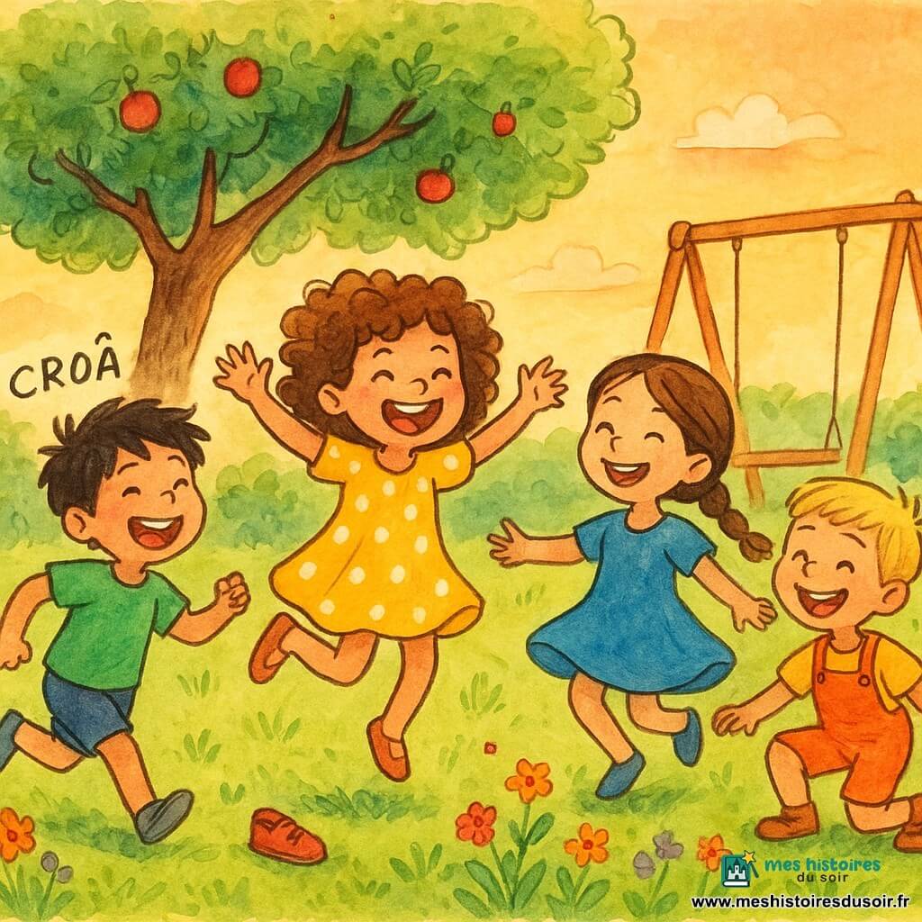 Mia, 4 ans, joyeuse et malicieuse, cheveux bouclés châtains, robe jaune à pois blancs, saute à pieds joints comme une petite grenouille, bras écartés et visage riant; Léo, ~5 ans, cheveux noirs en bataille, tee-shirt vert, court en riant en faisant "croâ", une chaussure rouge tombée sur l'herbe, placé derrière Mia à gauche; Zoé, ~4 ans, longue natte brune, robe bleue, tourne sur elle-même les bras ouverts, légèrement devant Mia à droite, sourire large; Tom, ~5 ans, cheveux blonds courts, salopette orange, imite une toupie en riant, un genou presque au sol à côté de Zoé. Ils sont dans un jardin ensoleillé à l'heure orangée du soir, herbe verte, fleurs colorées, pommier au tronc tordu et balançoire en bois en arrière-plan; ambiance dynamique, enfantine et espiègle.