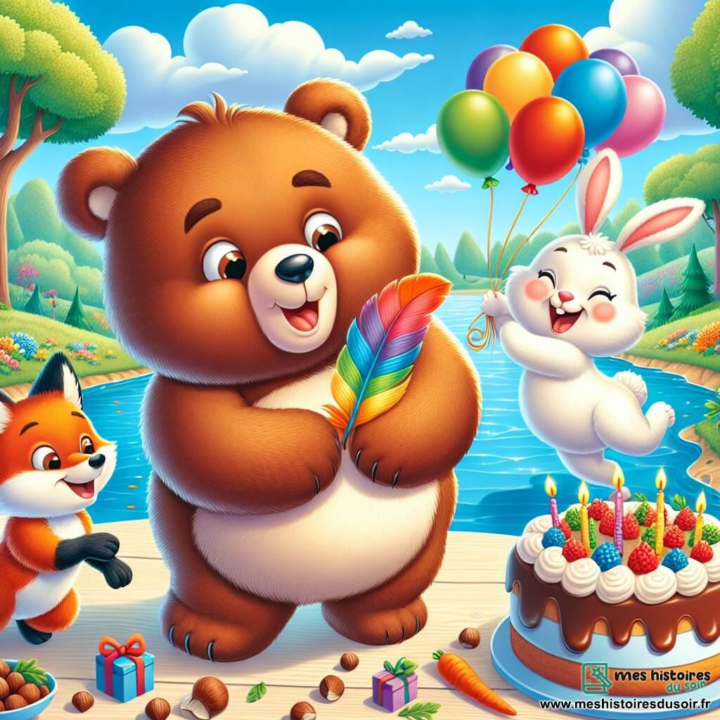 Un ours brun nommé Bruno, souriant et tenant une plume colorée, est au centre de l'image. À sa droite, un petit lapin blanc aux grandes oreilles saute avec un gâteau de carottes. À gauche, un renard roux sourit en tenant des ballons colorés. La scène se déroule près d'une rivière, entourée d'arbres et de fleurs, sous un ciel bleu avec des nuages. Au premier plan, une table en bois est remplie de gâteaux et de décorations. Bruno et ses amis célèbrent son anniversaire dans une atmosphère festive et chaleureuse.