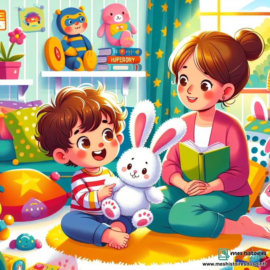 Léo, un petit garçon de 4 ans aux cheveux châtains en bataille et aux yeux curieux, est assis sur un tapis moelleux, souriant joyeusement tout en tenant sa peluche Lapinou, un adorable lapin blanc. À côté de lui, sa maman d'une trentaine d'années, avec des cheveux bruns en chignon, le regarde tendrement depuis un coussin coloré. La scène se déroule dans la chambre de Léo, remplie de jouets colorés et de posters de super-héros, baignée par une lumière chaleureuse. Ensemble, ils imaginent un jardin magique où les fleurs dansent et les arbres rient, avec Lapinou prêt à les accompagner dans cette aventure.