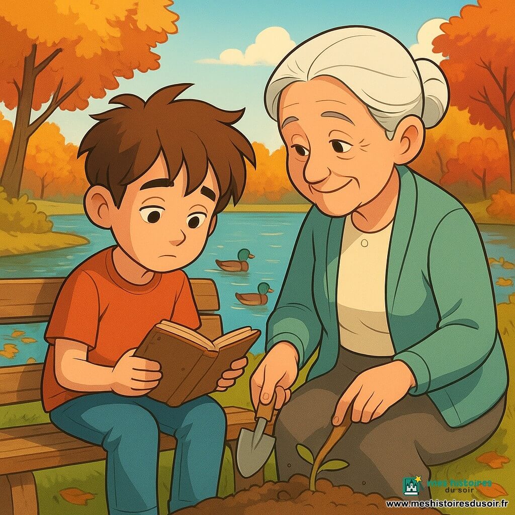 Léo, un garçon de 8 ans aux cheveux bruns ébouriffés et aux yeux curieux, est assis sur un vieux banc en bois près d'un étang, tenant un carnet usé avec une expression de douce mélancolie. À côté de lui, Madame Rosa, une femme âgée aux cheveux blancs et au sourire bienveillant, tient une petite pelle et regarde Léo avec affection. L'étang scintille au soleil d'automne, entouré d'arbres aux feuilles dorées et rouges, tandis que des canards barbotent dans l'eau. Léo et Madame Rosa plantent une graine près de l'étang, symbolisant l'espoir et les souvenirs partagés.