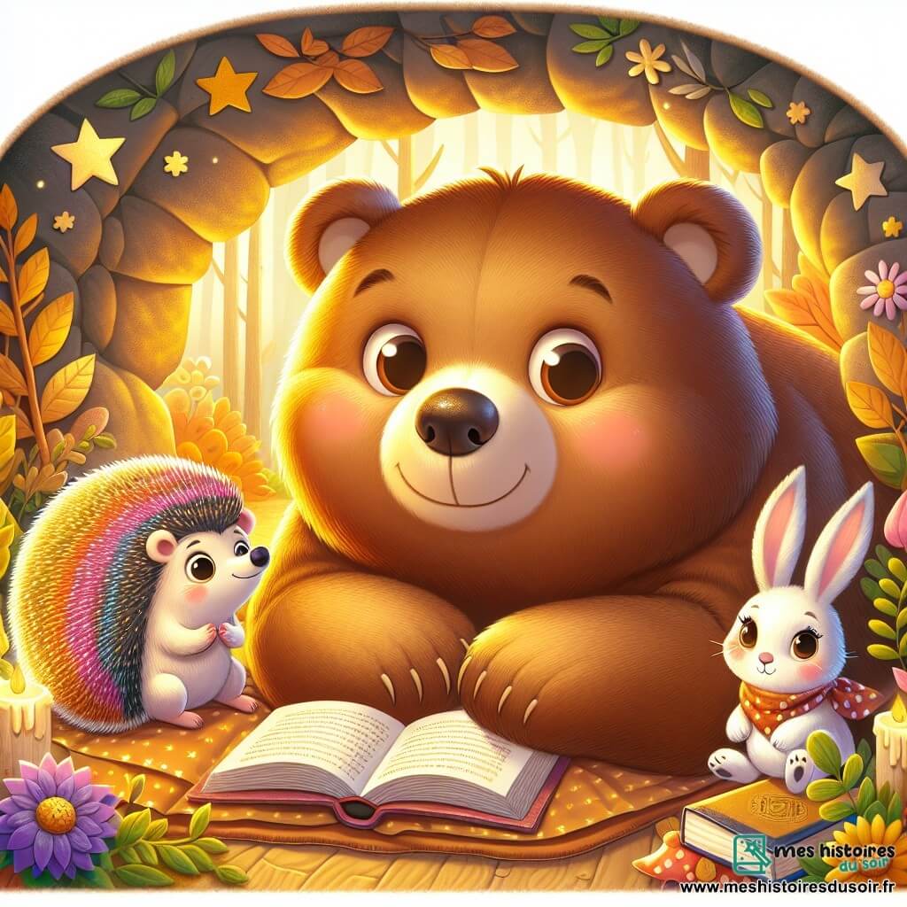 Illustration d'un ours rond et doux au pelage brun, allongé sur un lit de feuilles dorées dans sa grotte, écoutant ses amis avec sérénité. À côté, un hérisson coloré et souriant raconte une histoire, tandis qu'une lapine aux grandes oreilles et au pelage blanc écoute avec excitation. La grotte est chaleureuse, ornée de fleurs et de feuilles, baignée de lumière. L'ours se repose et savoure l'amitié, entouré de livres ouverts, d'étoiles dessinées et de bulles de dialogue illustrant leurs histoires, ajoutant une touche ludique à la scène.