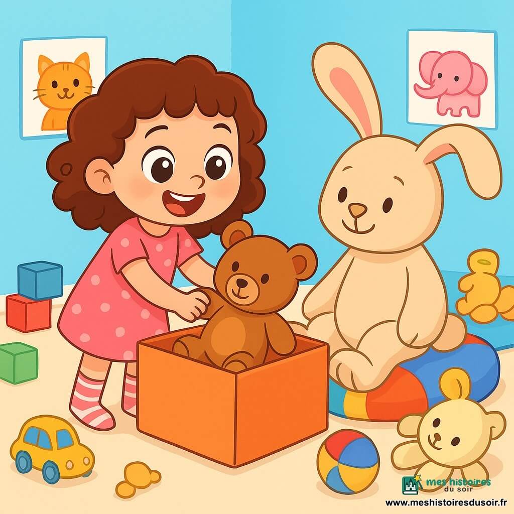 Une petite fille de 4 ans, souriante, essaie de ranger ses peluches dans une boîte. Elle porte une robe rose à pois et des chaussettes rayées. À côté, un gros lapin en peluche l'observe, assis sur un coussin coloré. La chambre d'enfant est lumineuse, remplie de jouets éparpillés et décorée de dessins d'animaux. La scène montre la petite fille face au défi de ranger ses peluches, créant une ambiance ludique et joyeuse. Les couleurs vives et les expressions des personnages ajoutent à l'atmosphère de bonheur et de créativité.