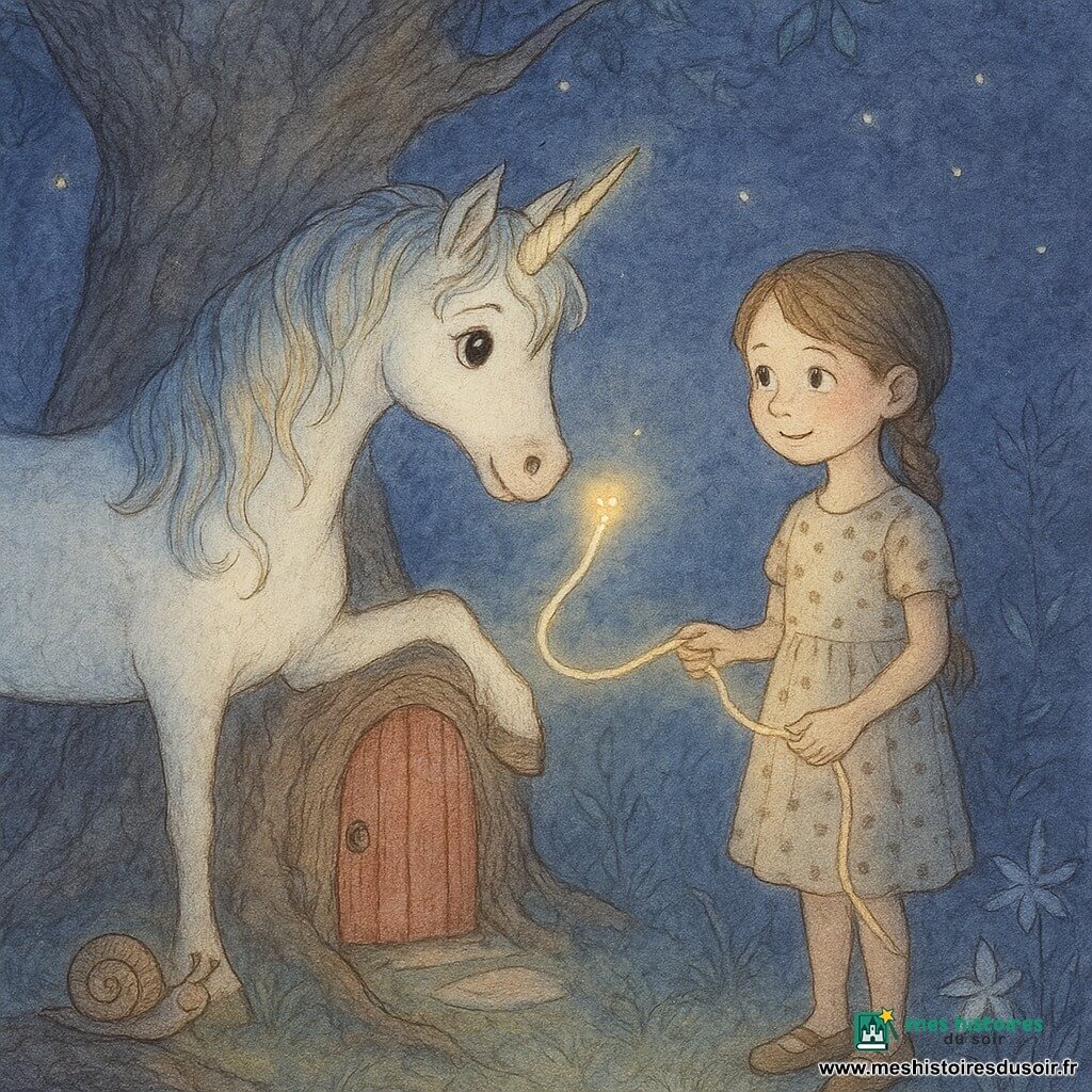 Une licorne blanche nacrée à crinière irisée pose une patte sur le rebord d'une petite porte au pied d'un vieux pommier rouge, suivant un fil lumineux que tient une fillette de huit ans en tresse et robe à pois, tandis qu'un escargot à lanterne éclaire les pierres moussus dans un jardin nocturne bleu-violet parsemé de fleurs argentées et de lucioles — un instant de découverte silencieuse et magique.