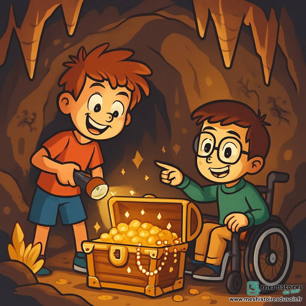 Hugo, un garçon de 10 ans aux cheveux ébouriffés et au sourire espiègle, porte un t-shirt rouge et un short bleu, tenant une lampe de poche pour éclairer le chemin. Léo, également âgé de 10 ans, a des lunettes rondes, des cheveux bruns, et porte un pull vert et un pantalon beige. Assis dans un fauteuil roulant, il sourit et pointe vers un coffre au centre de la grotte. La scène se déroule dans une vaste grotte mystérieuse avec des stalactites scintillantes et des murs ornés de dessins anciens. Au centre, un coffre en bois orné de ferrures dorées attend d'être ouvert. Hugo et Léo découvrent un trésor caché, composé de pièces d'or et de bijoux anciens, leurs visages exprimant émerveillement et joie.