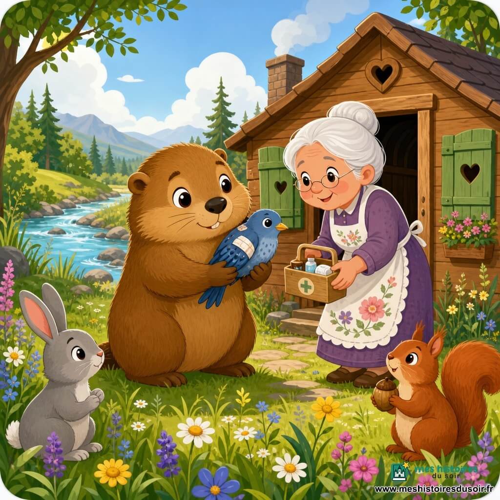Léo, une marmotte au visage rond et pelage brun doré, tient délicatement un petit oiseau bleu blessé tandis que Madame Claire, une vieille dame aux cheveux blancs en chignon et tablier fleuri, lui tend une boîte de soins devant la porte de sa maisonnette en bois; autour, un lapin gris et un écureuil roux observent dans une clairière lumineuse au bord d'une rivière, herbes hautes et fleurs sauvages, sous une douce lumière d'après-midi, scène centrée sur le soin et la compassion.