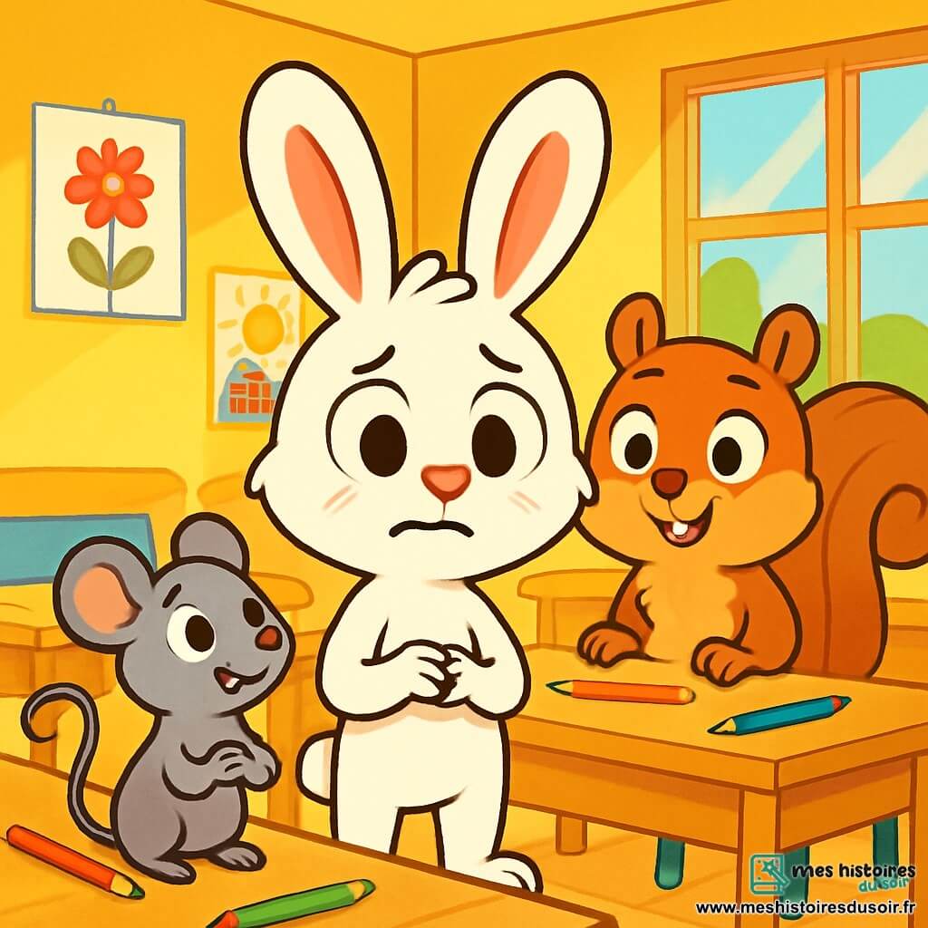 Léon, un petit lapin blanc aux grandes oreilles et yeux ronds, est au centre de l'image, inquiet et un peu coupable, ses pattes tremblant légèrement. À ses côtés, Lila, une petite souris grise souriante, le regarde avec compréhension, tandis que Timéo, un écureuil brun curieux et amical, se tient derrière eux. La scène se déroule dans une salle de classe ensoleillée aux murs jaunes, ornée de dessins colorés et de bureaux en bois, avec des crayons éparpillés sur les tables. Léon avoue à ses amis qu'il a oublié son crayon et a menti, tandis que Lila et Timéo l'écoutent attentivement, prêts à le soutenir.