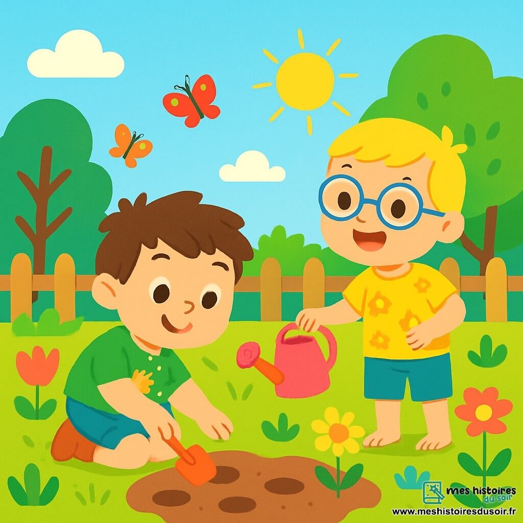 Léo et Tom, deux garçons de 7 ans, plantent des graines dans un jardin d'école ensoleillé. Léo, avec des cheveux bruns en bataille, porte un t-shirt vert et un short bleu, tandis que Tom, aux cheveux blonds et lunettes rondes, est en t-shirt jaune et pantalon court. Ils sont entourés de fleurs colorées et de verdure, heureux et concentrés sur leur tâche pour faire fleurir leur jardin.