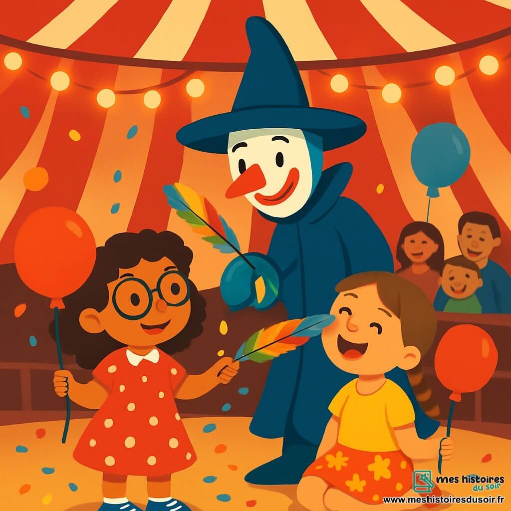 Trois personnages se trouvent sous un grand chapiteau de cirque : Zoé, une petite fille de 6 ans avec des cheveux bouclés, des lunettes rondes, une robe rouge à pois blancs et un ballon rouge ; Lila, aussi âgée de 6 ans, avec des cheveux lisses, une tresse, un t-shirt jaune et une jupe à fleurs, riant sur le sol avec un ballon rouge ; et Monsieur Plume, un clown mystérieux au chapeau pointu et au manteau bleu, au visage peint en blanc avec un sourire rouge, tenant une plume colorée. L'ambiance est joyeuse, remplie de rires et de magie, avec des lumières scintillantes et des confettis colorés au sol.