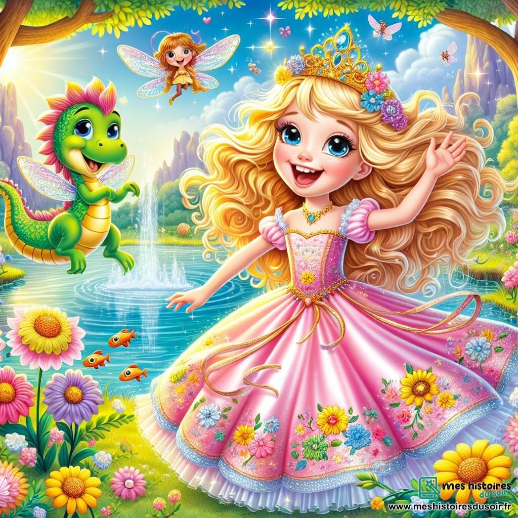 La princesse Luciole, une jeune fille d'environ 10 ans aux cheveux dorés, porte une robe en satin rose ornée de fleurs colorées. Son visage rayonne de joie alors qu'elle danse au bord d'un lac scintillant. À ses côtés, Dragobert, un petit dragon vert avec un grand chapeau de paille, chante joyeusement. Le décor enchanteur comprend un lac cristallin, des fleurs dansantes et des arbres aux feuilles dorées, tandis que des poissons sautent hors de l'eau. Luciole et Dragobert rient ensemble, entourés de lutins souriants prêts à raconter des blagues. L'atmosphère est joyeuse et magique, remplie de rires.