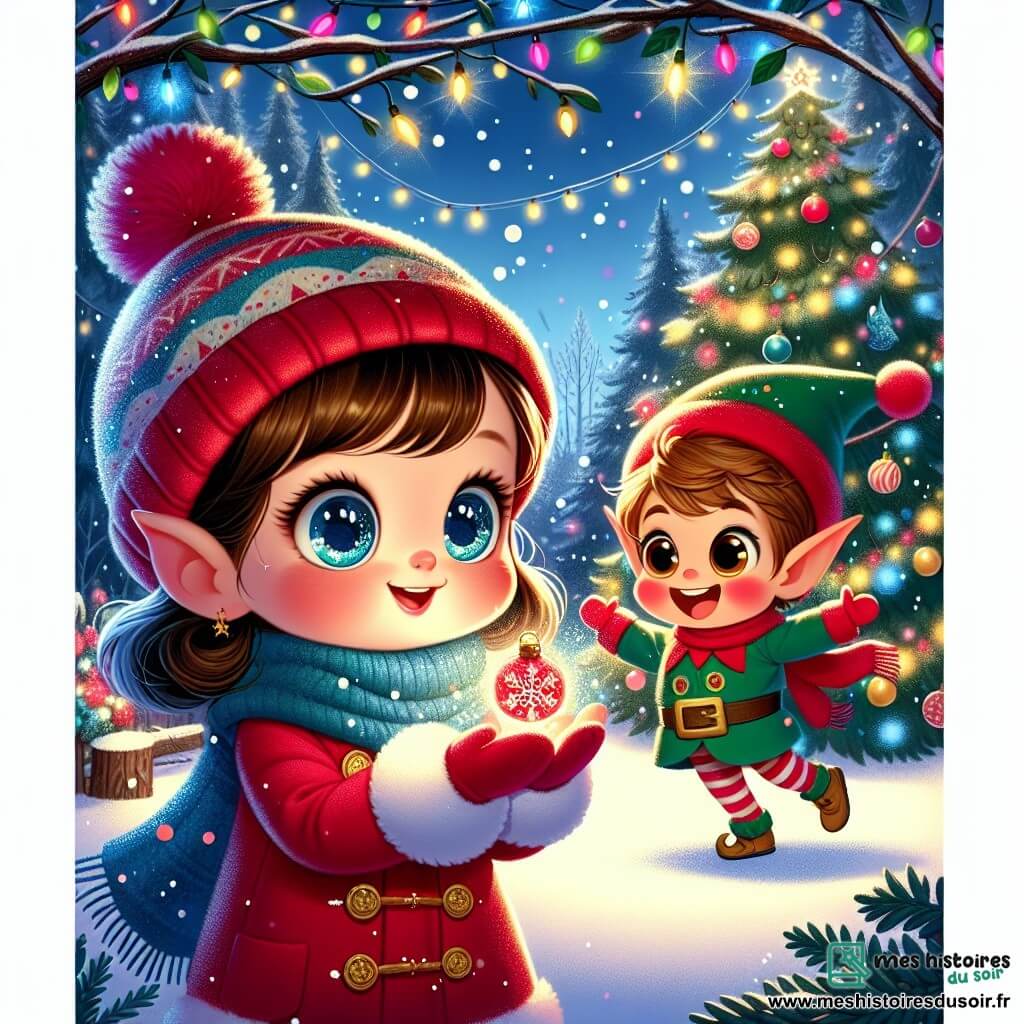 Mélodie, une petite fille de 3 ans aux grands yeux brillants et joues roses, porte un manteau rouge vif et une écharpe bleue. Émerveillée, elle tient une vieille boule de Noël scintillante. À ses côtés, Nino, un lutin joyeux d'environ 5 ans avec un chapeau rouge pointu, danse autour d'un grand sapin, tenant une baguette magique brillante. La scène se déroule dans une forêt enchantée, couverte de neige scintillante et illuminée par des lumières colorées. Mélodie et Nino utilisent la boule de Noël pour répandre la magie de Noël, apportant joie et bonheur aux êtres vivants autour d'eux.