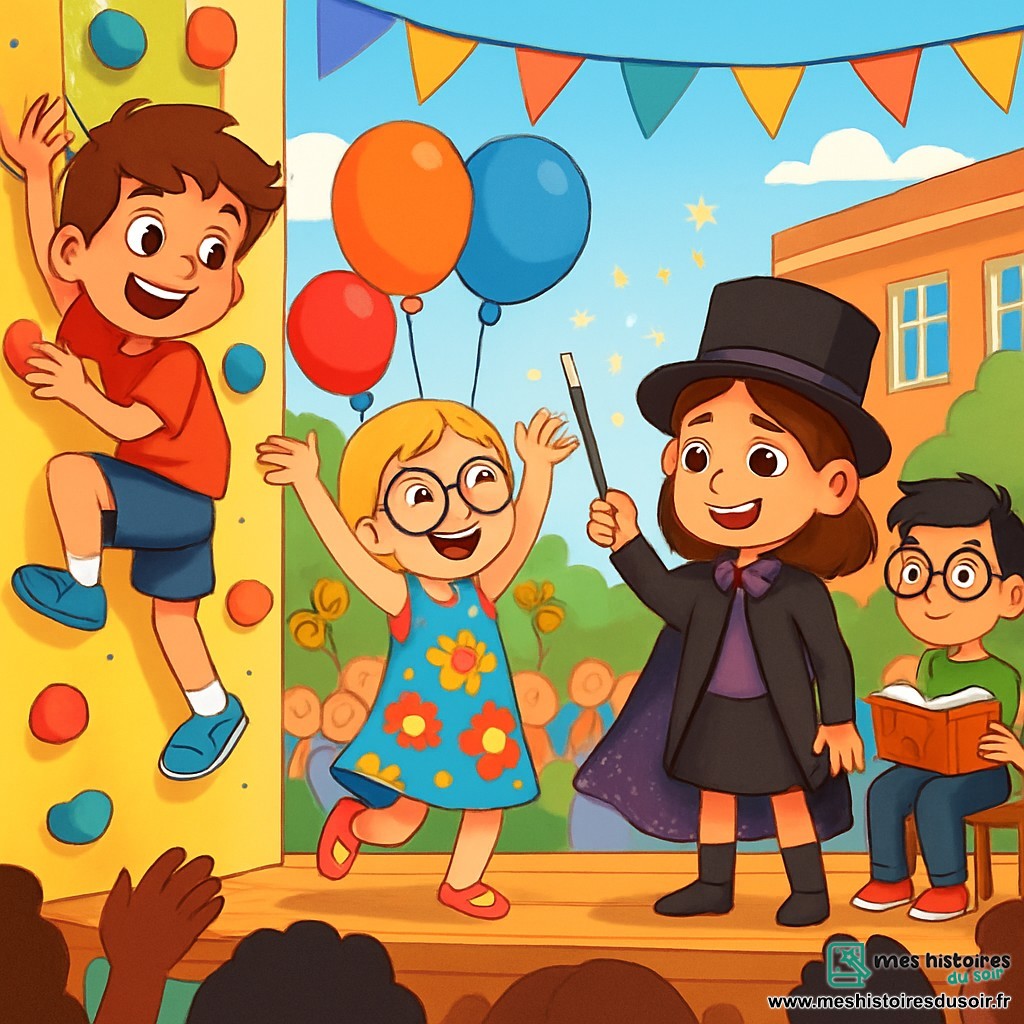 Quatre enfants sont présents : Lucas, 10 ans, cheveux bruns en bataille, t-shirt rouge et short bleu, grimpe sur un mur d'escalade avec un grand sourire ; Emma, 9 ans, cheveux blonds tressés, lunettes rondes, robe colorée, danse joyeusement sur scène ; Léa, 10 ans, cheveux châtains, appareils auditifs, costume de magicienne noir et violet, se prépare à réaliser un tour de magie au centre de la scène ; Tom, 10 ans, cheveux noirs, lunettes, t-shirt vert et jean, est assis à côté de Léa avec un livre ouvert. L'endroit est une cour d'école festive, décorée de ballons et de banderoles, où parents et enfants applaudissent. Léa, la magicienne, captive le public avec son tour de magie, encouragée par les autres enfants, créant une ambiance joyeuse.