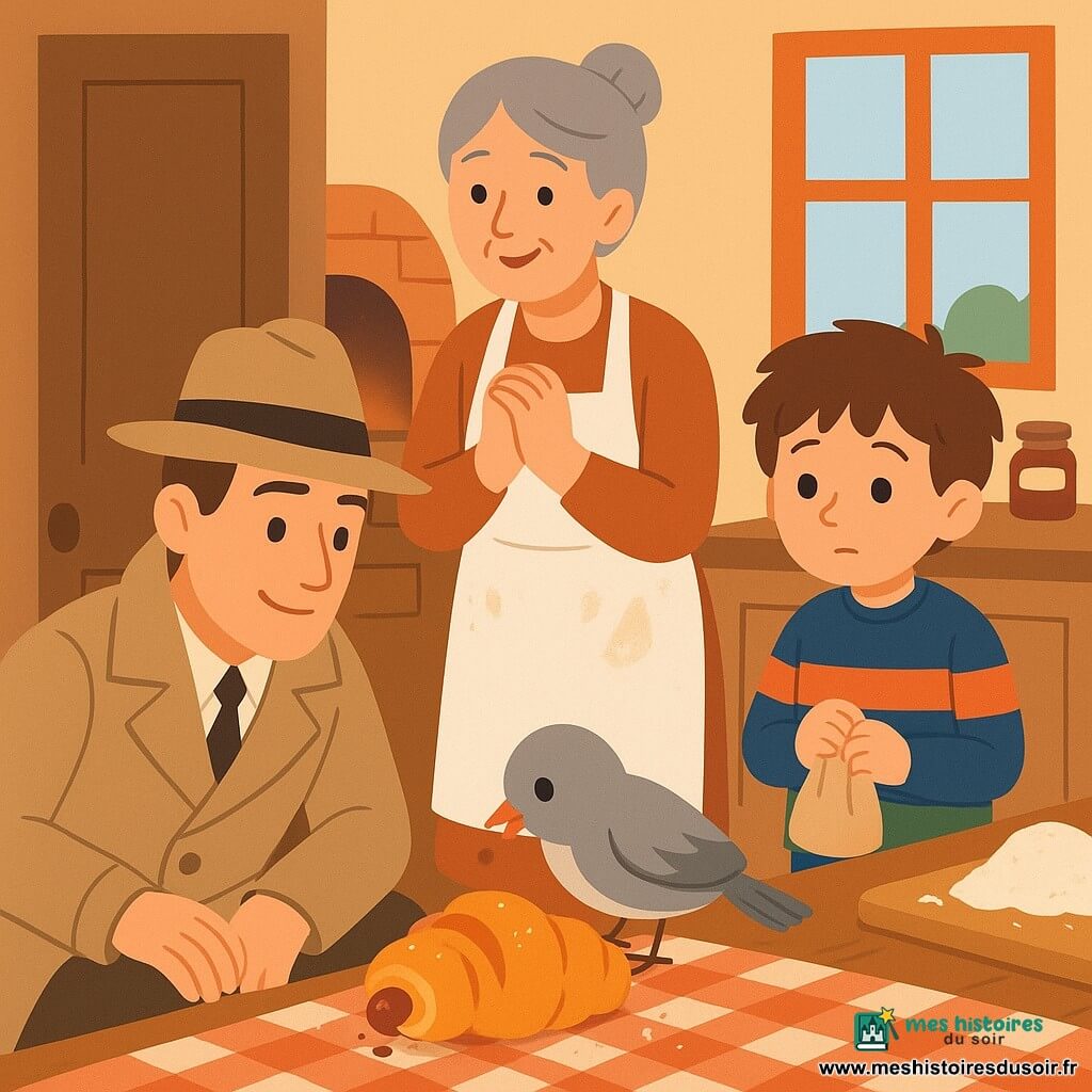 Léo, détective dans la trentaine au visage doux, trench-coat beige et chapeau, accroupi près d'une porte entrouverte, regarde une table en souriant calmement; derrière lui, Madame Lise, boulangère d'environ 50 ans au tablier blanc taché de farine et aux cheveux gris attachés, se tient debout, mains jointes, soulagée et surprise; Hugo, garçon d'environ 8 ans aux cheveux bruns en bataille et pull coloré, est près de la fenêtre, timide et curieux, tenant un petit sac en toile; sur la brioche dorée, un petit oiseau gris au bec taché de confiture picore et laisse une goutte brune; lieu: cuisine de boulangerie lumineuse avec grande table en bois, nappe à carreaux, four rougeoyant et pots de confiture sur le rebord, farine saupoudrée; scène: trio caché derrière la porte observe l'oiseau picorer la brioche, moment tendre et drôle, lumière matinale chaude, ambiance cosy.