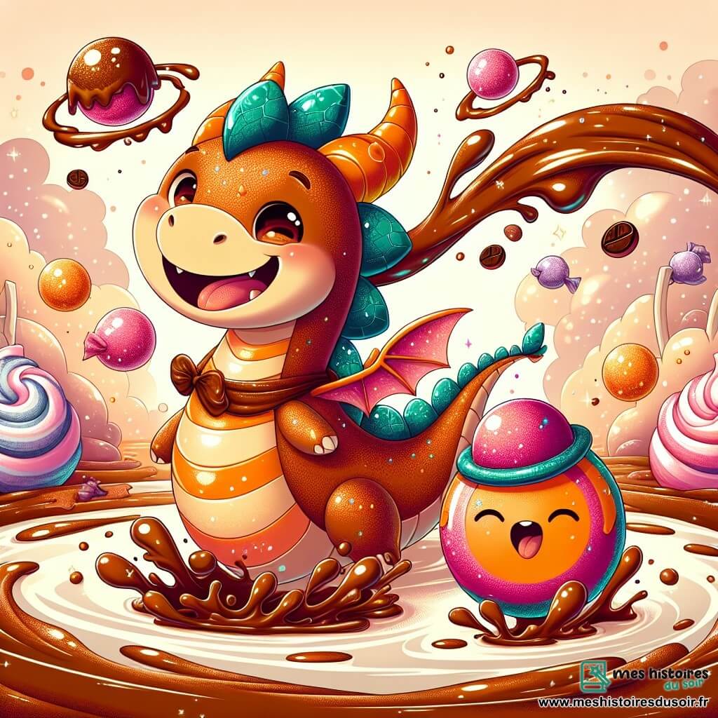 Au centre de l'image, un dragon en chocolat nommé Caramélion, avec des écailles brillantes et une écharpe en caramel, sourit joyeusement, éclaboussant du chocolat chaud. À ses côtés, Gigolos, un petit globuloïde coloré, est excité, son chapeau melon changeant de couleur. Il saute dans un lac de caramel, les bras ouverts. En arrière-plan, des bonbons volants laissent une traînée scintillante, et des arbres en barbe à papa se dressent autour d'eux. La scène se déroule au bord d'une cascade de chocolat chaud, créant une ambiance magique. Gigolos et Caramélion s'amusent ensemble, illustrant une journée pleine de joie dans la forêt de Floubi-Gloubi.