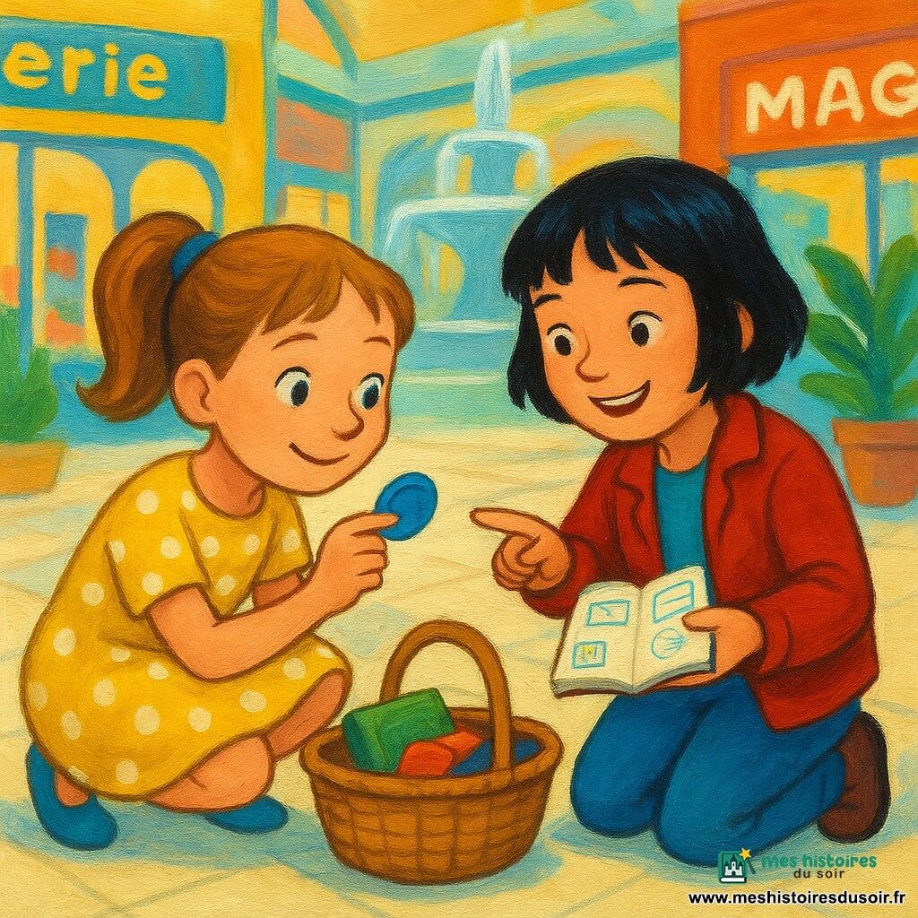 Deux fillettes de 7 ans, Léa (cheveux châtain clair en couette, robe jaune à pois blancs) accroupie à gauche tenant délicatement un petit badge bleu et soulagée, et Mia (cheveux noirs courts, veste rouge) à droite, un genou au sol, souriante, montrant le badge et tenant un petit carnet ouvert avec dessins et tickets, viennent de retrouver le badge dans la boîte aux objets trouvés d'une galerie marchande lumineuse au sol carrelé blanc, grandes vitrines colorées et grande fontaine floutée en arrière-plan ; scène douce et joyeuse au crépuscule, gestes précis, expressions de soulagement et de fierté, palette de couleurs vives (jaune, rouge, bleu, vert).