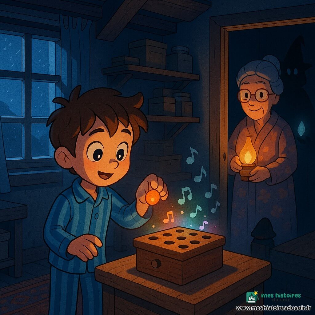 Léo, 8 ans, cheveux châtains en bataille, yeux grands et timides, en pyjama rayé bleu, tient délicatement un petit caillou orange lumineux entre pouce et index au‑dessus d’une boîte en bois à sept trous qui émet un cercle doux de lumière colorée et de petites notes musicales flottantes ; à droite, Mamie Odette, ~70 ans, robe de chambre à fleurs, cheveux gris en chignon, sourire doux, tient une lampe à huile contre sa poitrine ; dans l’ombre du couloir un Gardien des Choses Perdues, créature ombreuse non humaine à silhouette pointue et petit chapeau, veille silencieusement avec une main lumineuse ; la chambre en bois aux poutres apparentes, table de nuit usée, tapis persan, étagères de boîtes poussiéreuses et une lune argentée à travers une fenêtre à carreaux crée une atmosphère de conte légèrement effrayant mais rassurant, contrastes d’ombres bleutées et lueurs chaudes, poussière visible dans les rayons et rendu proche à hauteur d’enfant en cel‑shading aux couleurs saturées.