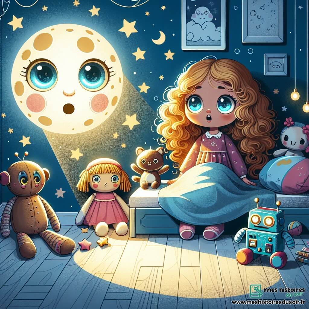 Illustration d'une veilleuse en forme de lune, représentant une petite fille aux cheveux bouclés dorés, assise sur son lit entourée de peluches, exprimant peur et émerveillement. À ses côtés, une poupée en tissu avec une robe rose semble nerveuse, tandis qu'un petit robot coloré affiche excitation et appréhension. La chambre d'enfant est chaleureuse, avec des murs bleu ciel décorés de dessins d'étoiles et de nuages. Une douce lumière dorée de la veilleuse projette des ombres dansantes, tandis que des jouets sont éparpillés. La scène montre la petite fille et ses amis jouets prêts pour une aventure nocturne, unis par leur curiosité, sous une ambiance magique et légèrement mystérieuse.