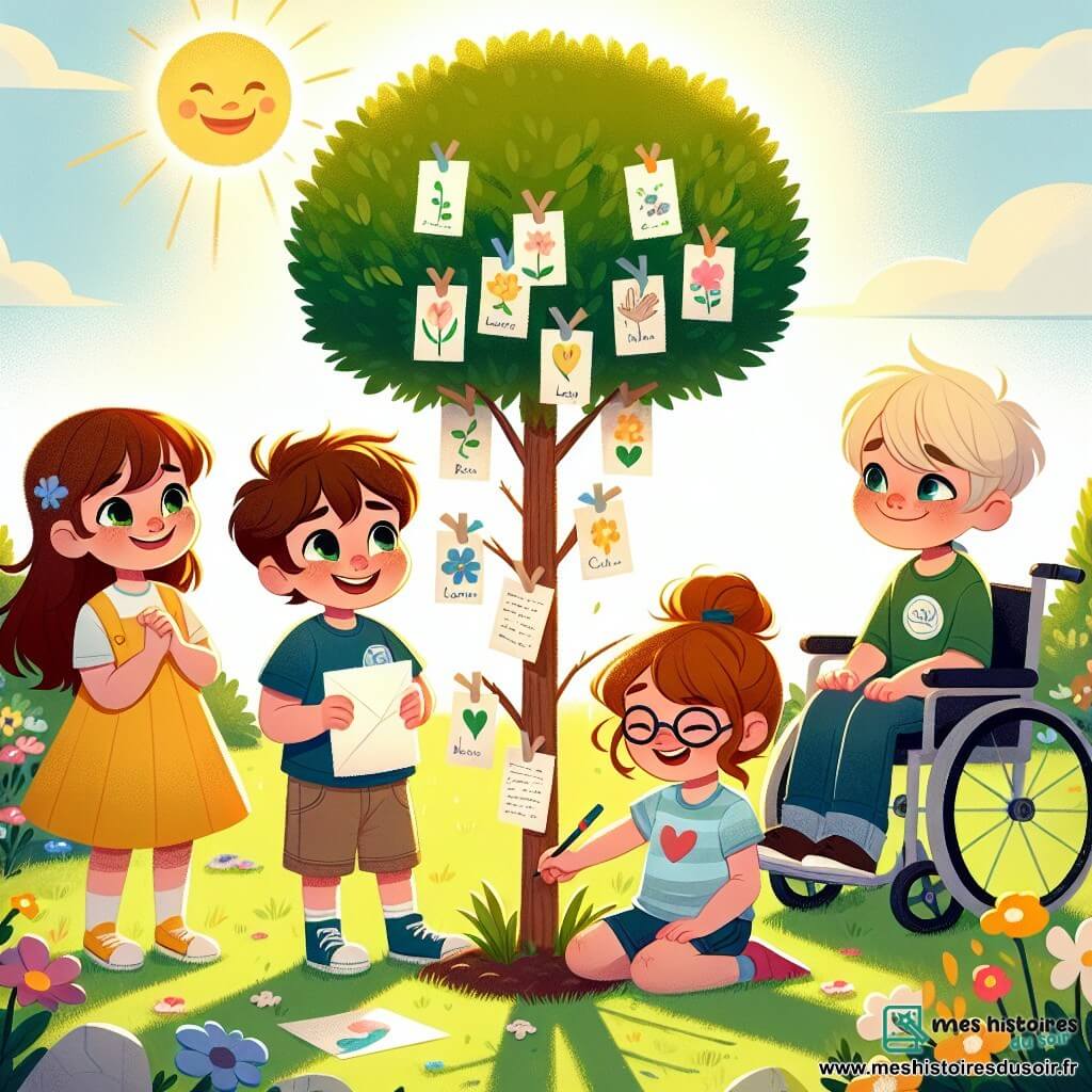 Dans un jardin ensoleillé, quatre enfants entourent un jeune arbre. Emma, 10 ans, en robe jaune, tient une lettre. Lucas, 9 ans, sourit, tandis que Chloé, 10 ans, dessine un cœur sur l'herbe. Max, 11 ans en fauteuil roulant, sourit également. Le jardin est fleuri et ensoleillé, créant une ambiance chaleureuse. L'arbre, récemment planté, est décoré de mots accrochés à ses branches, portant des souvenirs et des messages d'amour. Les enfants se réunissent pour honorer la mémoire du grand-père d'Emma, partageant rires et souvenirs tout en écrivant des lettres à accrocher à l'arbre.