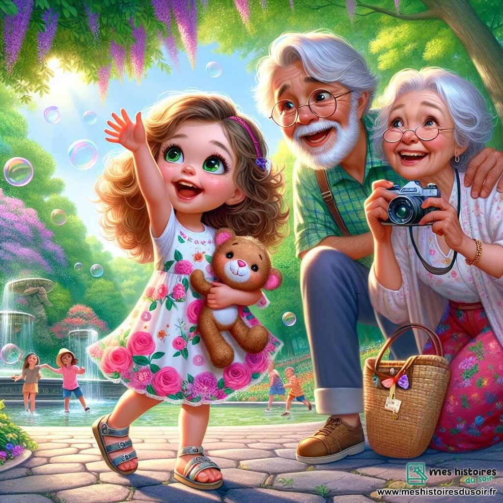 Lila, une petite fille de 4 ans aux grands yeux brillants et cheveux bouclés, sourit en tenant son doudou et un carnet de dessins. Elle porte une robe colorée et des sandales. À ses côtés, sa grand-mère aux cheveux argentés et lunettes rondes la regarde tendrement avec un appareil photo, tandis que son grand-père jovial avec une barbe blanche et un chapeau de paille s'incline, émerveillé. Ils sont à Central Park, un espace verdoyant avec des arbres, des fleurs et des ruisseaux. Lila lève les bras vers le ciel pour attraper des bulles de savon, sa grand-mère prend une photo et son grand-père rit, partageant un moment de joie.