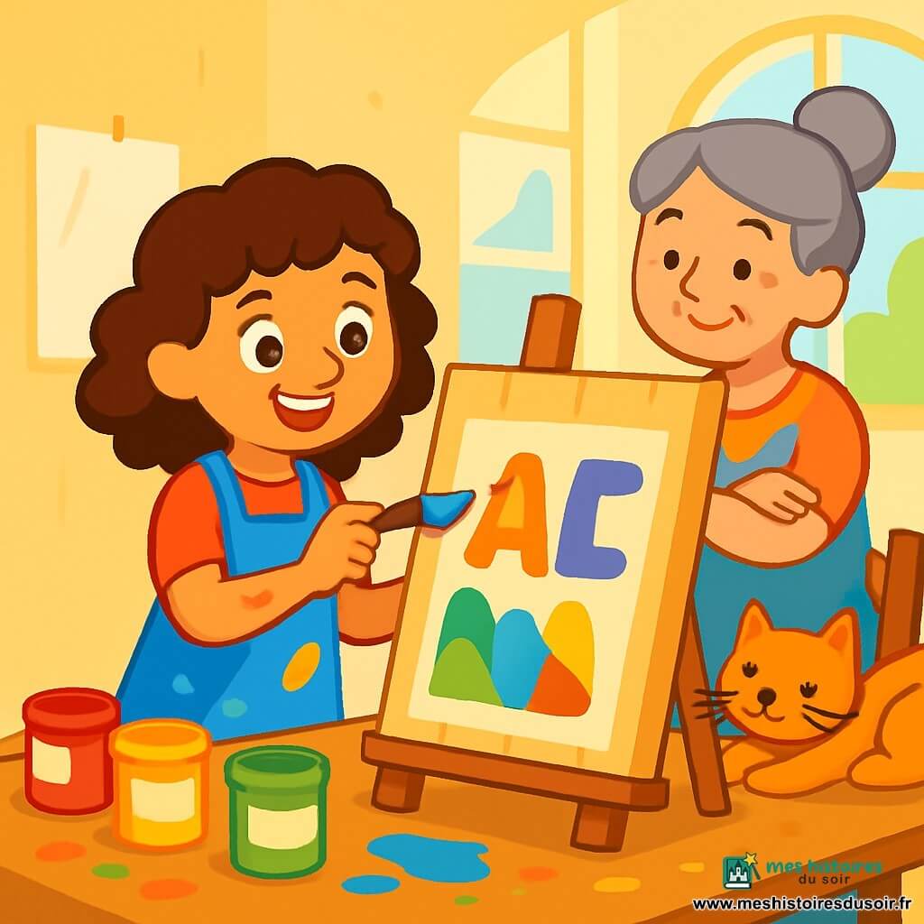 Lina, une jeune femme aux cheveux châtains bouclés et aux yeux joyeux, se tient devant une planche de bois, vêtue d'un tablier bleu taché de peinture. Elle est concentrée, prête à finaliser son œuvre avec un pinceau. À ses côtés, Madame Prune, une femme d'âge moyen aux cheveux gris en chignon et au sourire chaleureux, l'observe avec admiration, les bras croisés. L'atelier est lumineux, avec des fenêtres laissant entrer la lumière, des pots de peinture colorés sur une table, et des éclaboussures de peinture au sol. Lina peint une enseigne pour la boutique de Madame Prune, tandis qu'un chat curieux s'étire sur une chaise, ajoutant une touche de douceur à cette scène artistique.