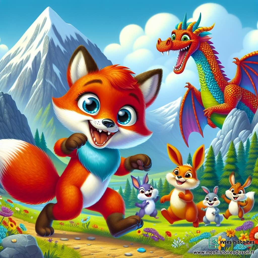 Illustration d'un petit renard au pelage rouge vif, dansant joyeusement sur un chemin de montagne avec une baie bleue dans sa patte. À proximité, un dragon coloré rit aux éclats, ses ailes déployées. Un groupe d'animaux de la forêt, dont des lapins et des écureuils, applaudit en arrière-plan. La montagne majestueuse est entourée de brume et de fleurs sauvages, sous un ciel bleu éclatant. Cette scène symbolise le triomphe du renard sur un défi impossible, capturant l'énergie et la magie du moment, avec des éclats de rire et de couleurs vives.