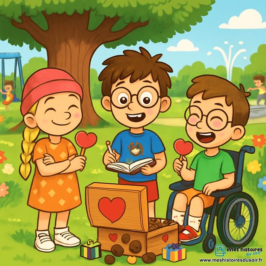 Il y a trois personnages : Léo, un garçon de 10 ans avec des cheveux bruns en bataille et des lunettes rondes, souriant au centre avec un carnet et un crayon. Mina, une fille de 10 ans aux longs cheveux blonds tressés et un bonnet rose, se tient à gauche de Léo, les bras croisés avec un grand sourire et une sucette en forme de cœur. Tom, un garçon de 10 ans avec des cheveux châtains et des lunettes, est à droite de Léo dans un fauteuil roulant, riant avec une sucette dans la bouche. L'image se déroule dans un parc ensoleillé avec un grand chêne, des balançoires colorées et une fontaine. Léo, Mina et Tom découvrent une boîte en bois décorée de cœurs sous le chêne, entourés de chocolats et de petits cadeaux, célébrant leur amitié pour la Saint-Valentin.