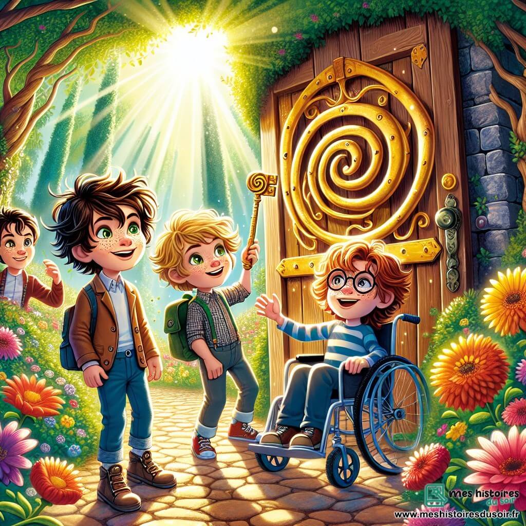 Dans un jardin ensoleillé, quatre garçons se rassemblent : Max, 8 ans, avec des cheveux bruns en bataille et un grand sourire, tient une clé dorée. À ses côtés, Hugo, 9 ans, aux cheveux blonds et lunettes rondes, observe la clé avec curiosité. Jules, 7 ans, aux cheveux roux et taches de rousseur, saute de joie, tandis que Léo, 10 ans en fauteuil roulant, sourit d'excitation. Le jardin est rempli de fleurs colorées et d'arbres verdoyants, avec une porte en bois mystérieuse cachée derrière un buisson. Les garçons viennent de découvrir cette porte secrète menant à un monde magique et sont impatients de l'ouvrir.