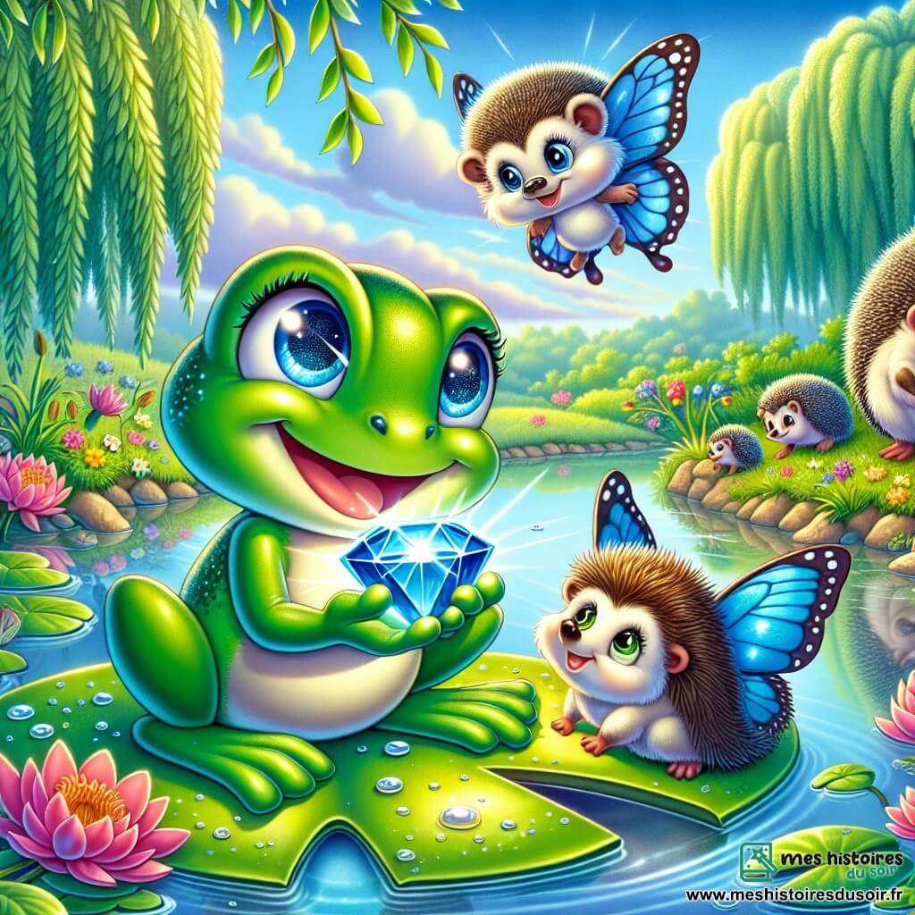 Une petite grenouille nommée Gracieuse, avec une peau verte éclatante et des yeux pétillants, se tient sur une grande feuille de nénuphar au bord d'une mare, tenant une pierre précieuse dans ses pattes. Elle sourit, pleine de joie. À côté d'elle, un papillon bleu vole joyeusement, admirant la pierre. En arrière-plan, un hérisson amical observe la scène, assis sur le sol fleuri. La mare est entourée de saules et d’un ciel bleu clair avec des nuages blancs. Gracieuse découvre la pierre magique et partage sa joie avec ses amis dans un cadre enchanteur et coloré.