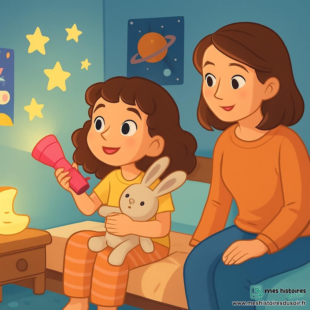 Camille, une fille de 8 ans aux cheveux bruns et bouclés, est assise sur son lit, tenant son doudou lapin, Lapinou. Elle regarde sa lampe de poche rose qui éclaire des étoiles autocollantes sur le mur. À ses côtés, sa maman, douce et rassurante, lui sourit. La chambre est décorée de couleurs pastel, avec des posters de licornes et un tapis moelleux. Camille, un peu nerveuse mais déterminée, utilise sa Super-Lampe Courageuse pour éclairer les coins sombres tout en partageant une histoire amusante avec sa maman, transformant sa peur du noir en un moment magique.