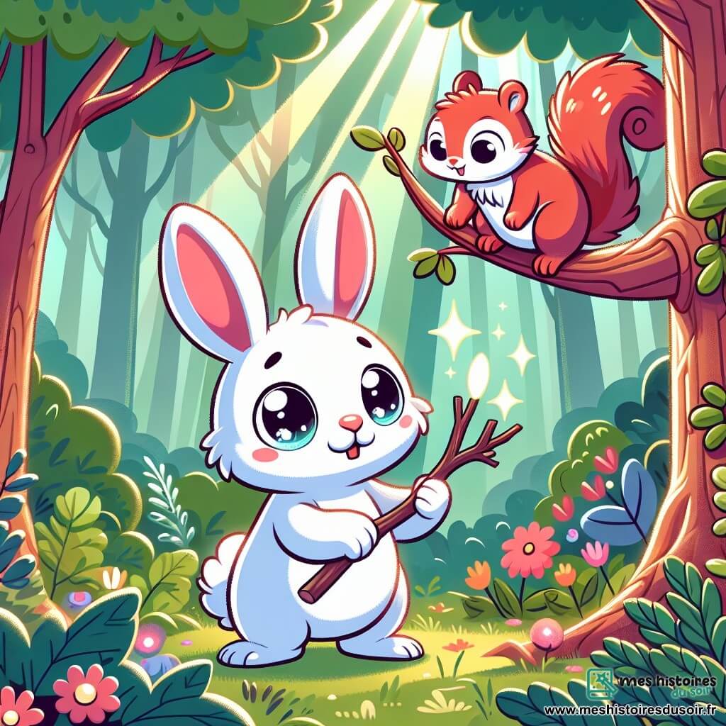 Un petit lapin aux grandes oreilles et au pelage blanc, avec des yeux pétillants de curiosité, se tient debout dans une forêt enchantée, tenant un bâton brillant. À côté de lui, un écureuil aux poils roux grimpe sur une branche, observant le lapin avec enthousiasme. La scène se déroule dans une forêt luxuriante, remplie d'arbres aux feuilles vertes, de fleurs colorées et de rayons de soleil. Le lapin et l'écureuil découvrent ensemble le bâton mystérieux, se demandant s'il est magique, tout en jouant et en riant.