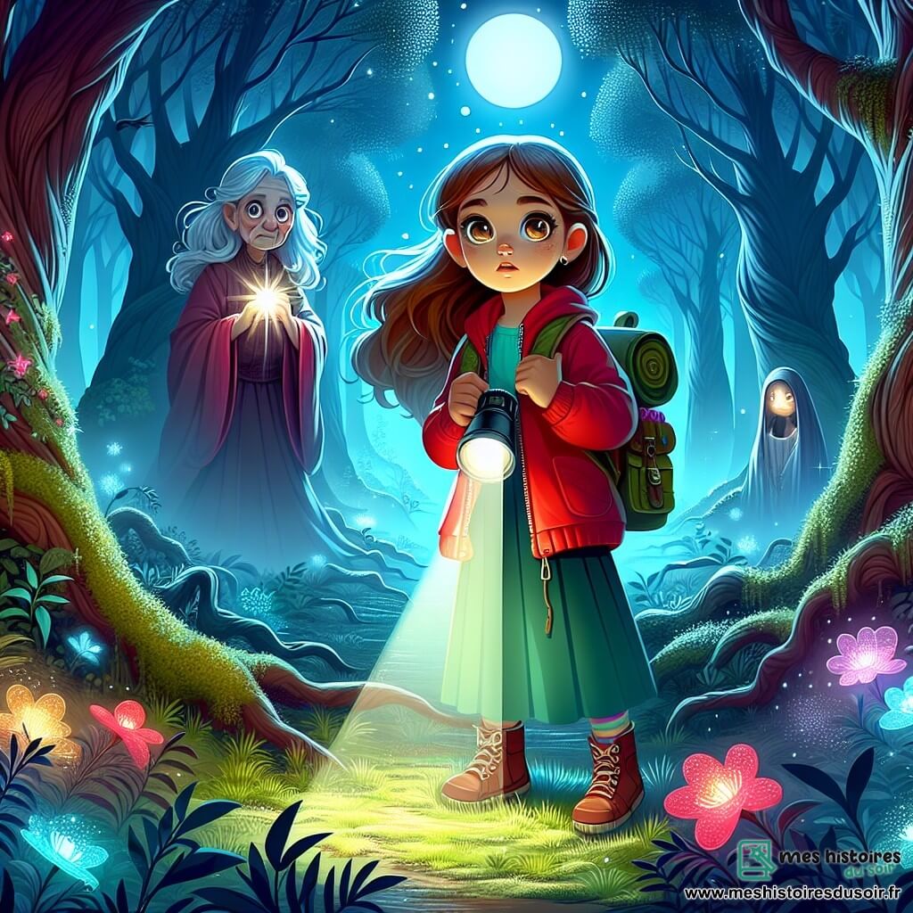 Une fille de 12 ans, avec de longs cheveux bruns et des yeux curieux, se tient au centre d'une clairière mystérieuse, son visage éclairé par la lune. Elle porte une veste rouge et un sac à dos rempli de trésors, tenant une lampe torche qui éclaire les ombres autour d'elle. À ses côtés, une vieille femme aux cheveux argentés et aux yeux sages, vêtue d'une robe flottante, se tient légèrement en retrait. La clairière est entourée de grands arbres dont les feuilles scintillent à la lumière de la lune, créant des ombres fascinantes sur le sol. Des fleurs luminescentes ajoutent une touche de magie. La fille, émerveillée et nerveuse, écoute la vieille femme raconter des histoires sur les Gardiens de l'Ombre, tandis que des ombres dansent autour d'elles, symbolisant la découverte et le courage.