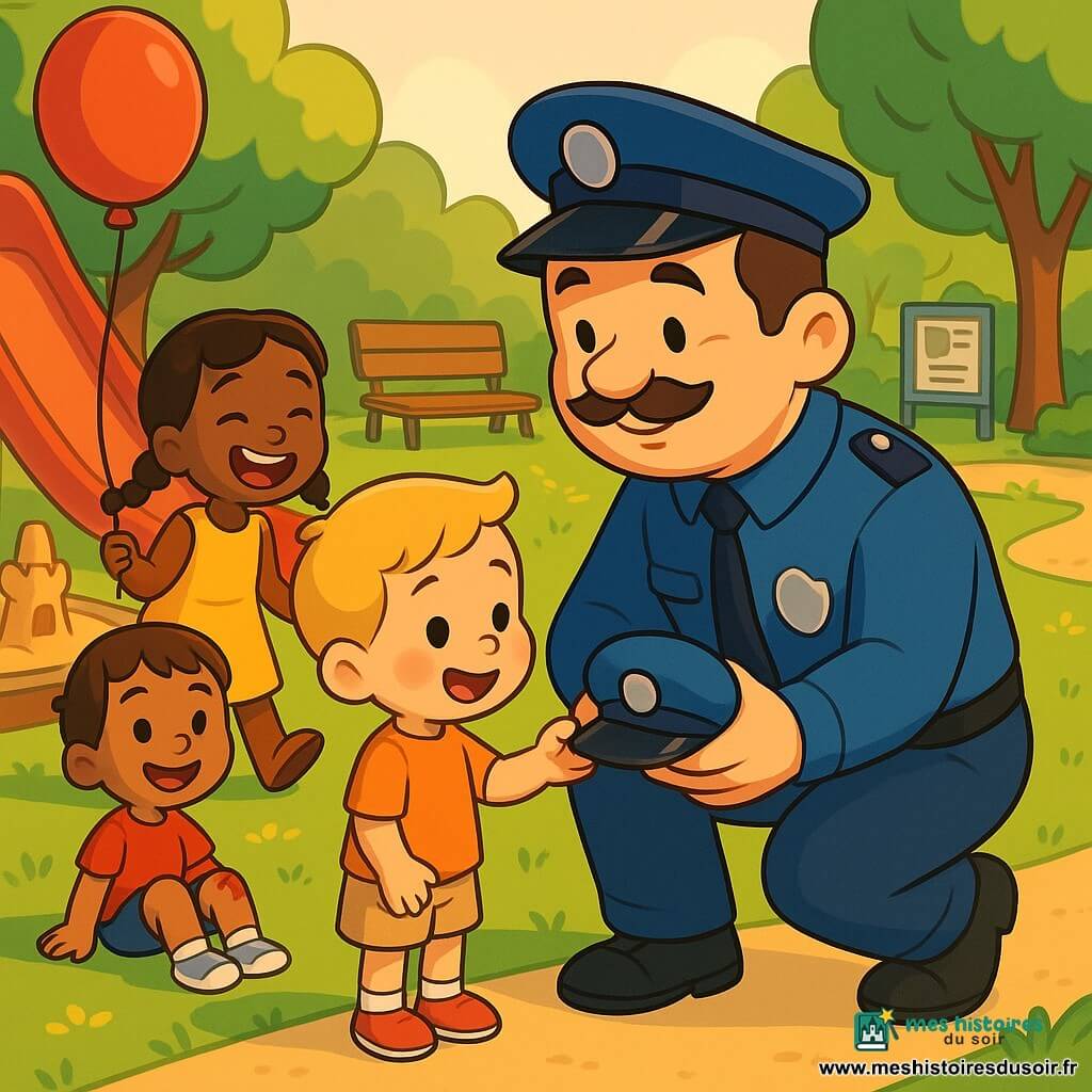 Monsieur Paul, policier souriant et bienveillant au visage rond et moustache fine, en uniforme bleu et casquette noire, accroupi tend une petite casquette bleue à Léo, un petit garçon blond heureux et soulagé ; Tom, environ 6 ans, cheveux châtain courts, genou éraflé, sourit assis sur l'herbe près d'un toboggan rouge ; Emma, environ 5 ans, en robe jaune et nattes brunes, tient son ballon rouge retrouvé et rit près d'un banc en bois — scène dans un parc coloré (toboggan, bac à sable, pelouse fleurie), lumière douce de fin de matinée, ambiance sereine et joyeuse.