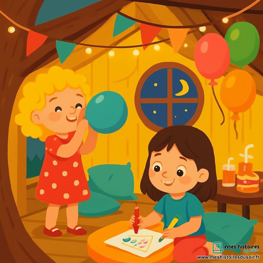 Il y a deux personnages principaux : Zoé, une petite fille de 7 ans aux cheveux bouclés et blonds, en robe rouge à pois blancs, qui sourit en gonflant un ballon coloré, et Mila, une petite fille de 6 ans aux cheveux lisses et bruns, en t-shirt bleu et pantalon rose, assise sur un coussin, dessinant des invitations avec des crayons de couleur. La scène se déroule dans une cabane perchée dans un arbre, décorée de guirlandes scintillantes et de ballons colorés, avec des murs jaunes, des coussins moelleux, des gâteaux décorés et des jus de fruits pétillants. À travers les fenêtres, on aperçoit la lune et les étoiles. Zoé et Mila préparent une fête du Nouvel An joyeuse, entourées de décorations colorées, dans une ambiance festive.