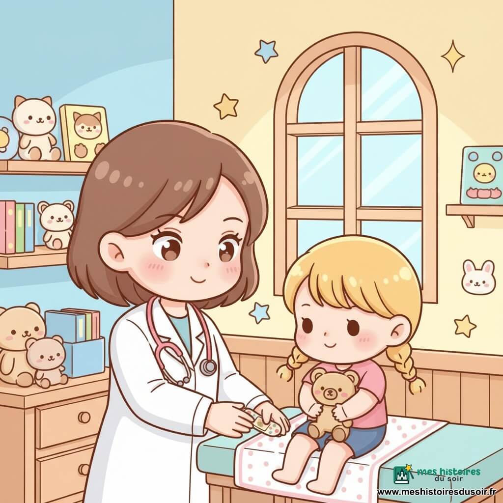 Médecin femme souriante aux cheveux châtains courts, blouse blanche et stéthoscope rose, applique un pansement coloré sur le genou d'une fillette de 4 ans assise sur la table d'examen, cheveux en couettes et doudou beige serré, dans un petit cabinet lumineux aux murs pastel, peluches, livres et stickers, ambiance tendre, calme et rassurante.